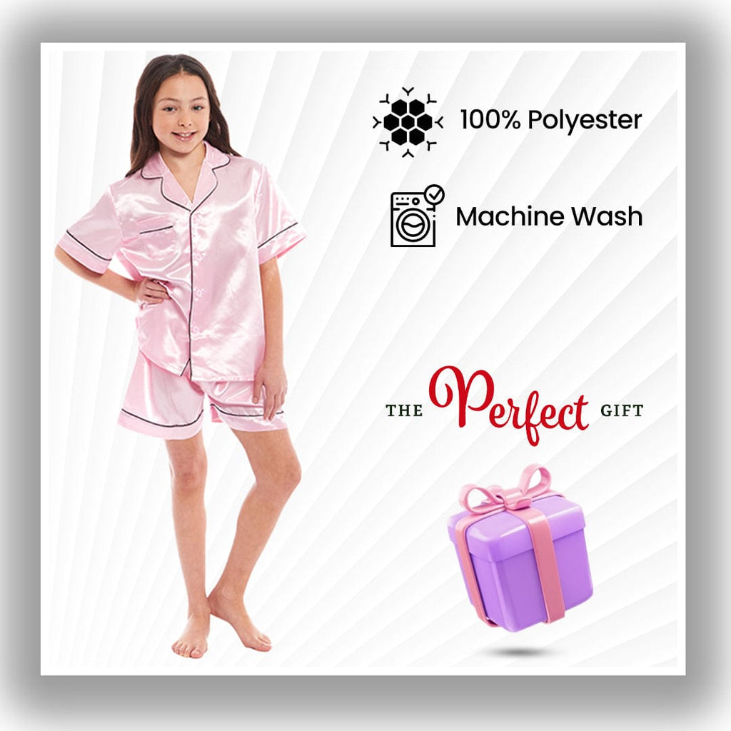 OLIVIA ROCCO Girls Satin Silk Short Pyjama Set Button Down Shirt And Loose Fitting Pants