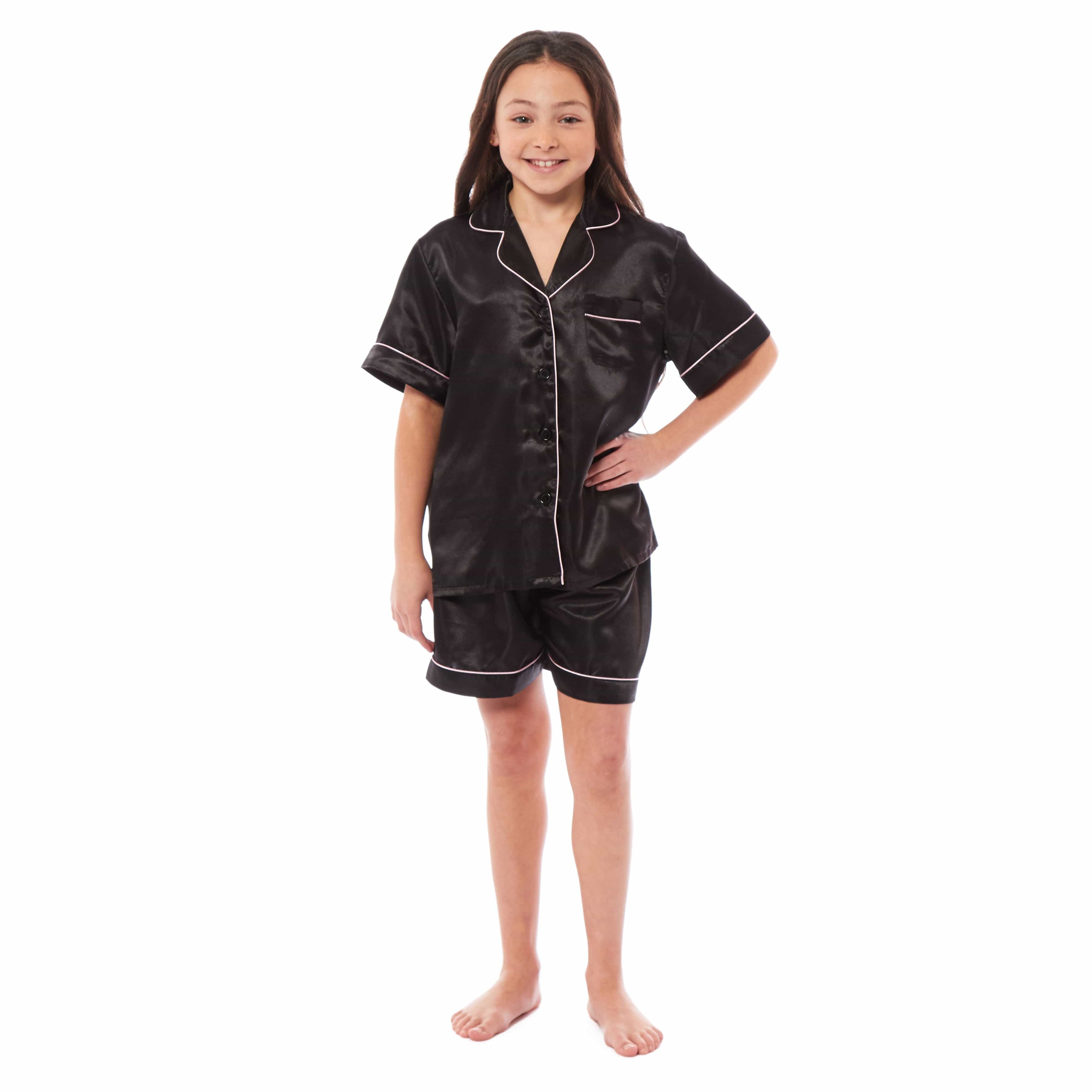 OLIVIA ROCCO Girls Satin Silk Short Pyjama Set Button Down Shirt And Loose Fitting Pants