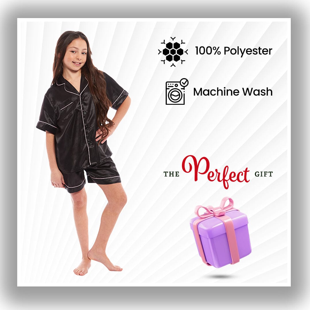 OLIVIA ROCCO Girls Satin Silk Short Pyjama Set Button Down Shirt And Loose Fitting Pants