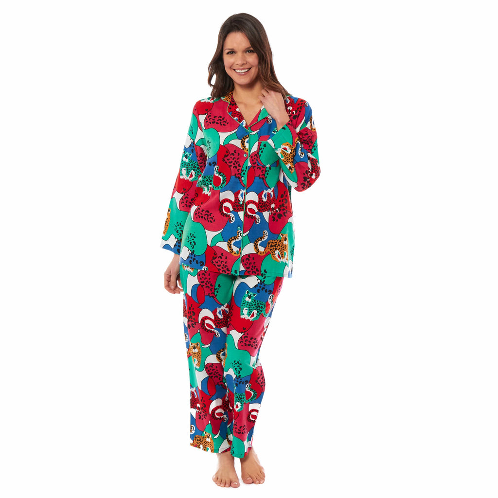 OLIVIA ROCCO Leopard Print Button Up Pyjama Set in Soft Breathable Viscose Sleepwear