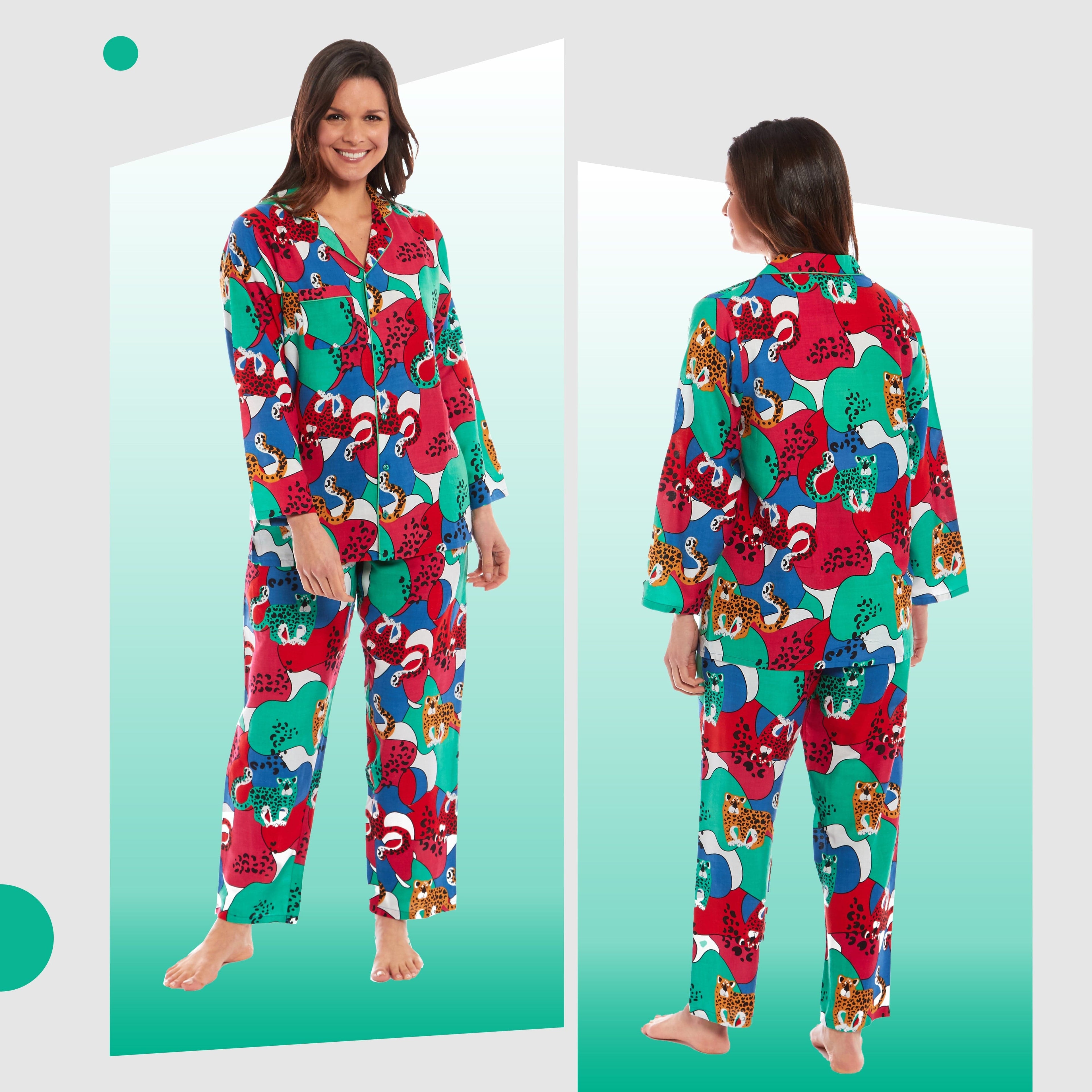 OLIVIA ROCCO Leopard Print Button Up Pyjama Set in Soft Breathable Viscose Sleepwear