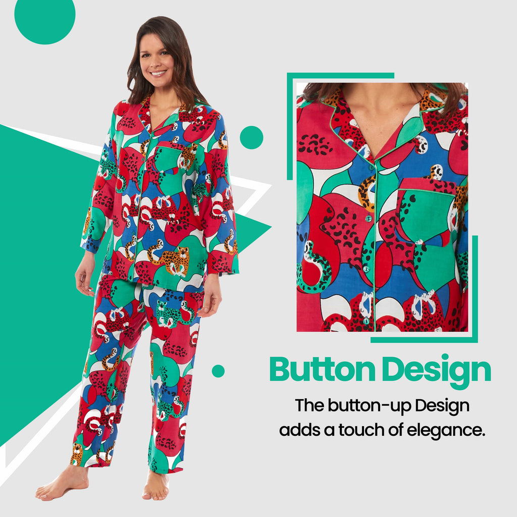 OLIVIA ROCCO Leopard Print Button Up Pyjama Set in Soft Breathable Viscose Sleepwear