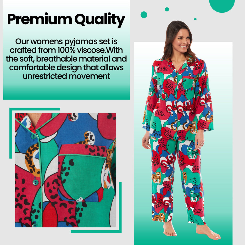OLIVIA ROCCO Leopard Print Button Up Pyjama Set in Soft Breathable Viscose Sleepwear