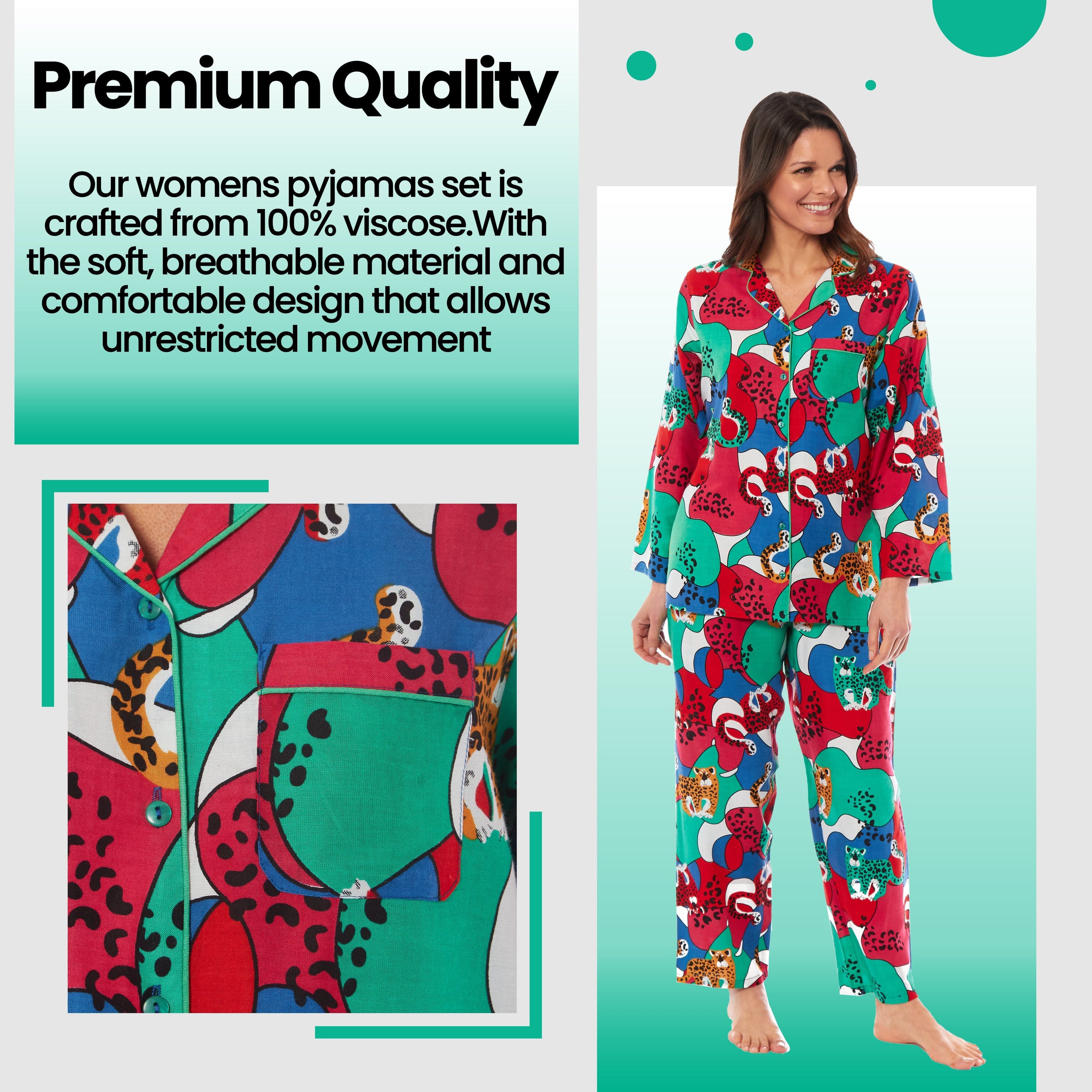 OLIVIA ROCCO Leopard Print Button Up Pyjama Set in Soft Breathable Viscose Sleepwear