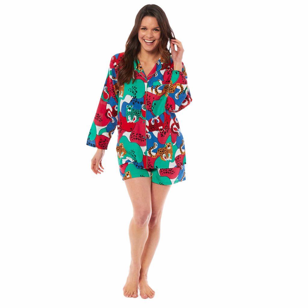 OLIVIA ROCCO Women's Jaguar Jungle Leopard Button-Up Short Pyjama Set Soft Breathable