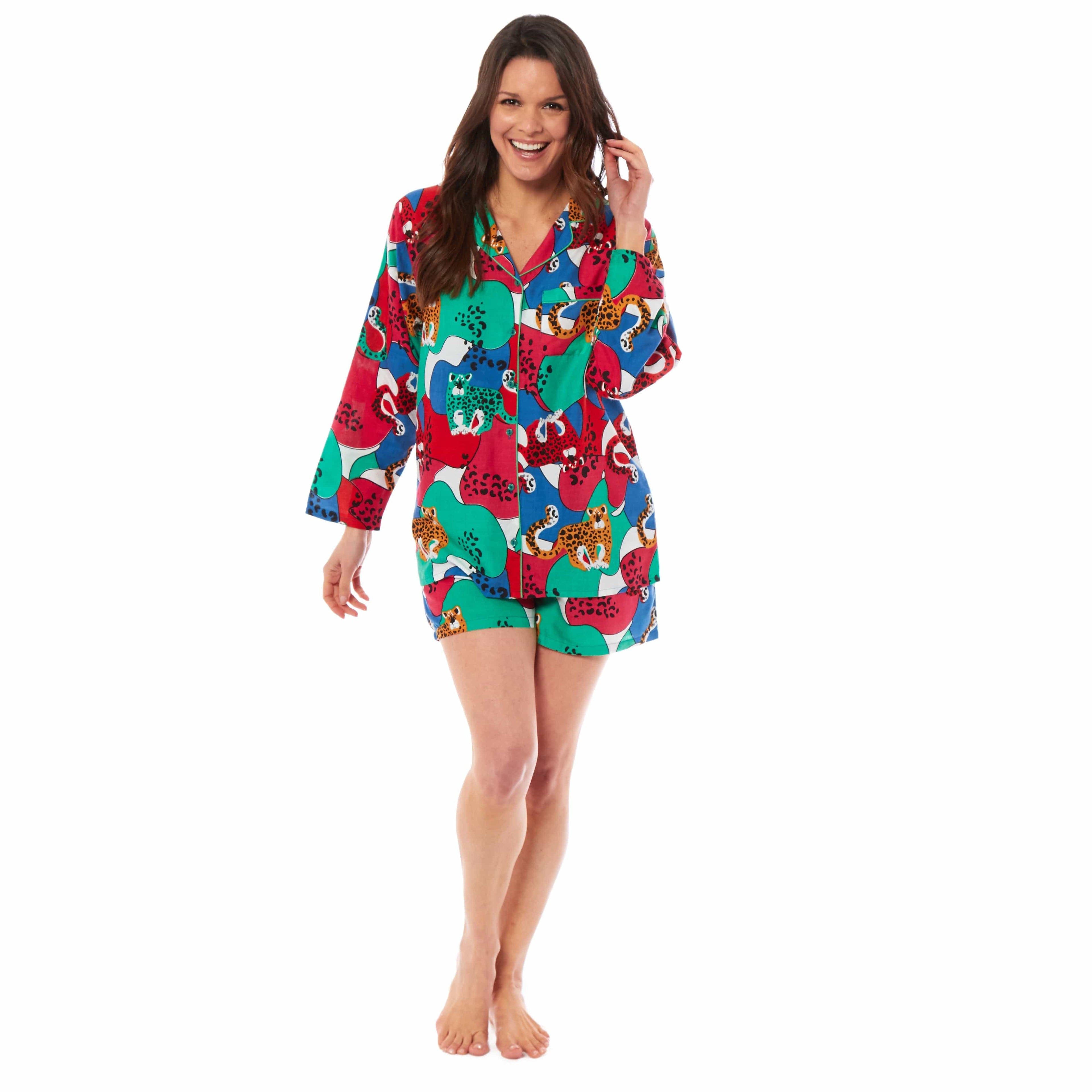 OLIVIA ROCCO Women's Jaguar Jungle Leopard Button-Up Short Pyjama Set Soft Breathable