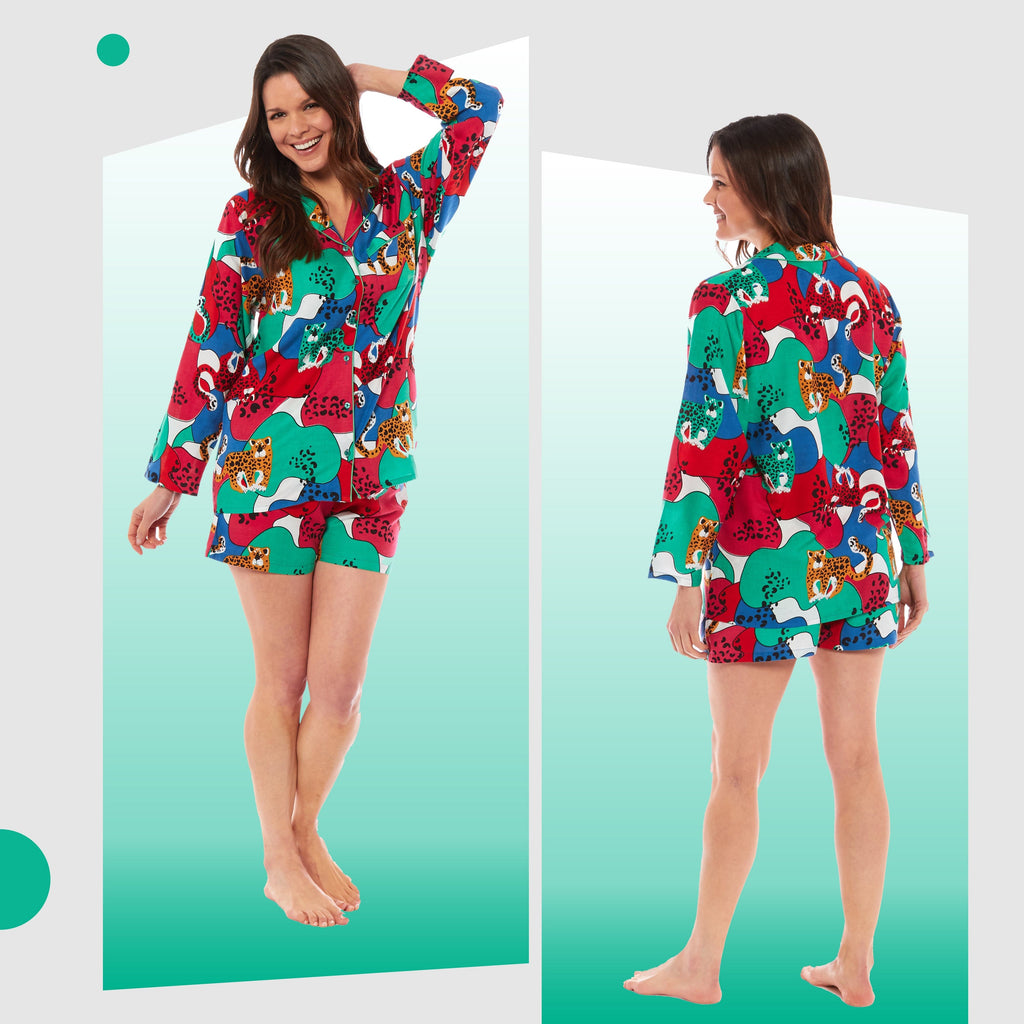 OLIVIA ROCCO Women's Jaguar Jungle Leopard Button-Up Short Pyjama Set Soft Breathable
