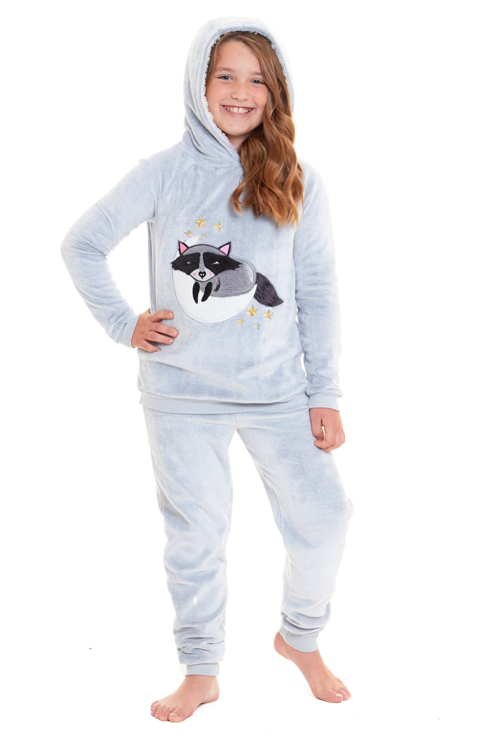 OLIVIA ROCCO Matching Mother Daughter Raccoon Fleece Hooded Pyjama Set With Sherpa Lining