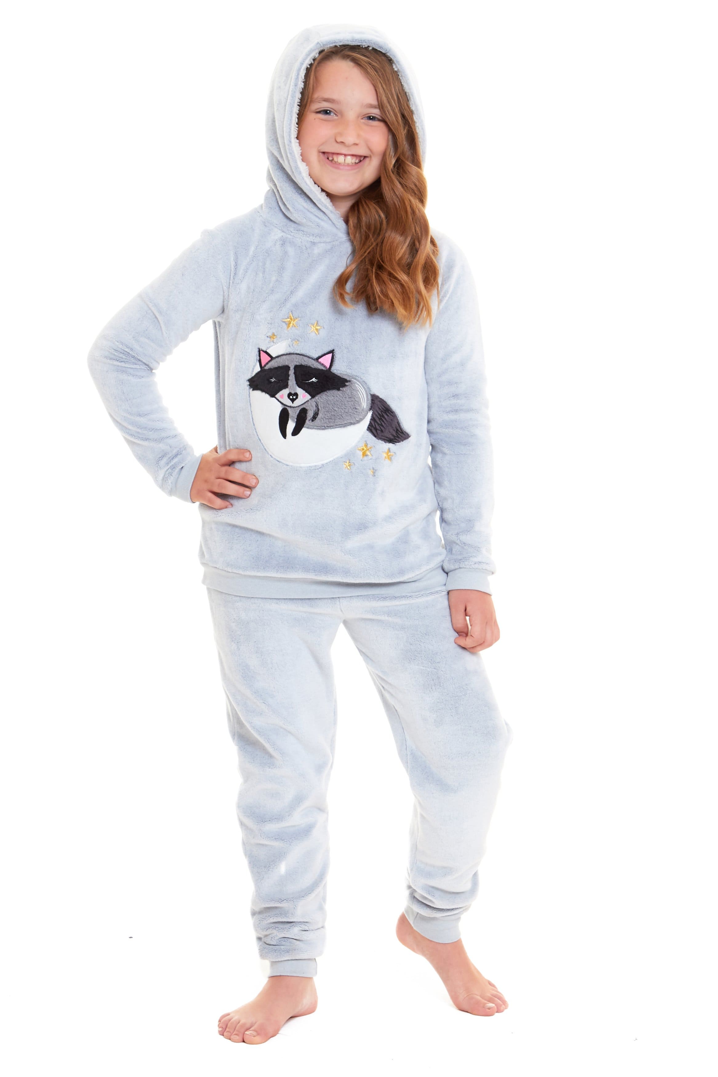 OLIVIA ROCCO Matching Mother Daughter Raccoon Fleece Hooded Pyjama Set With Sherpa Lining