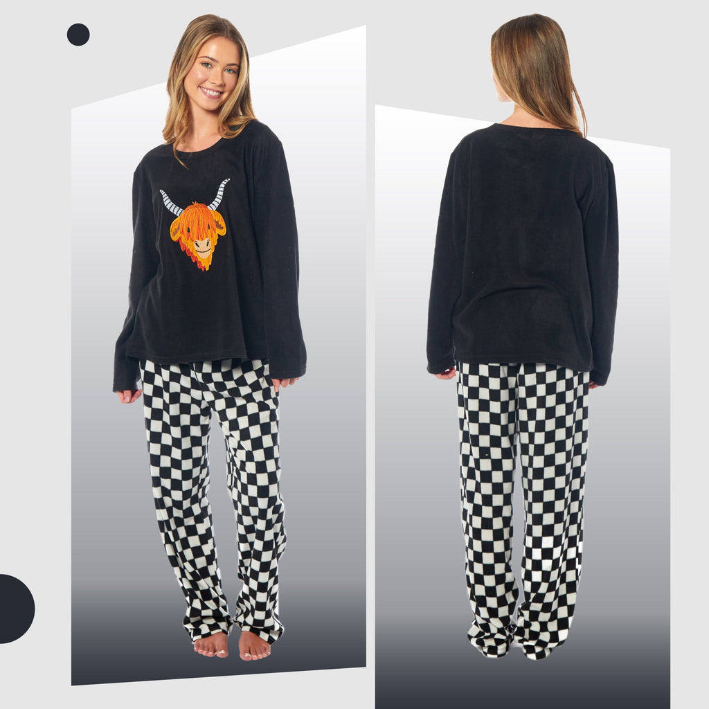 OLIVIA ROCCO Womens Thermal Fleece Pyjamas Set Highland Cow Animal Print Winter Super Soft Cosy Home Loungewear