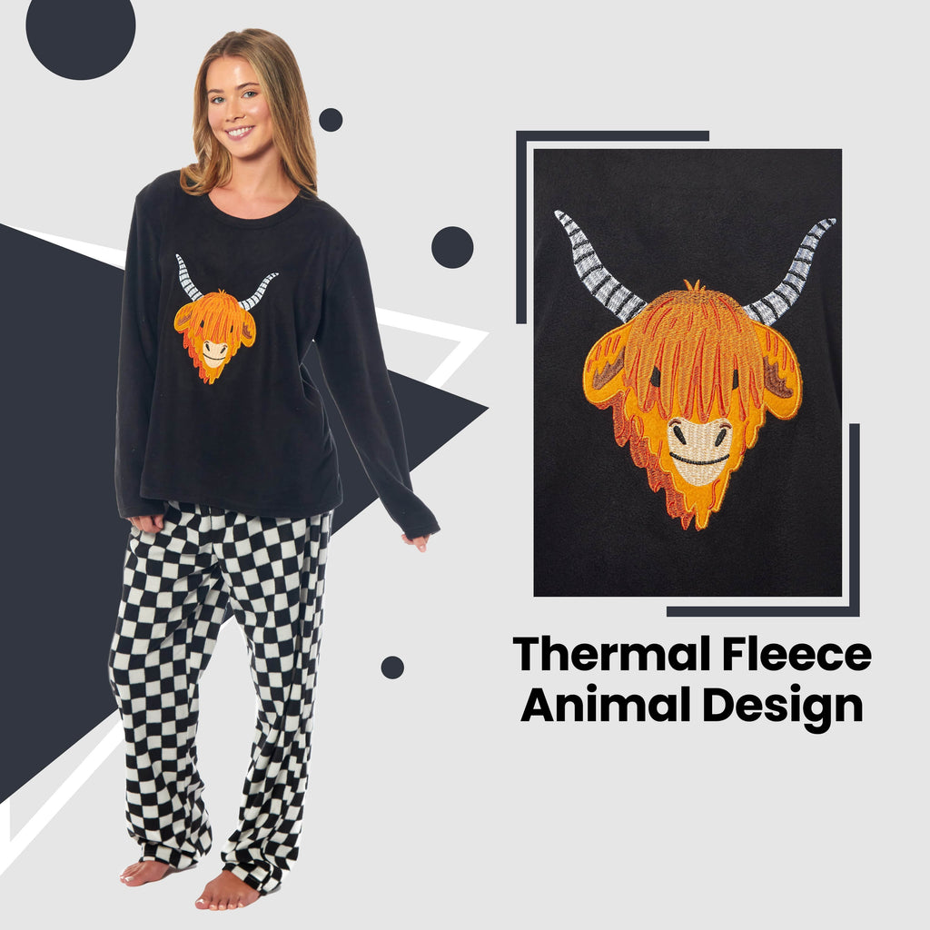OLIVIA ROCCO Womens Thermal Fleece Pyjamas Set Highland Cow Animal Print Winter Super Soft Cosy Home Loungewear