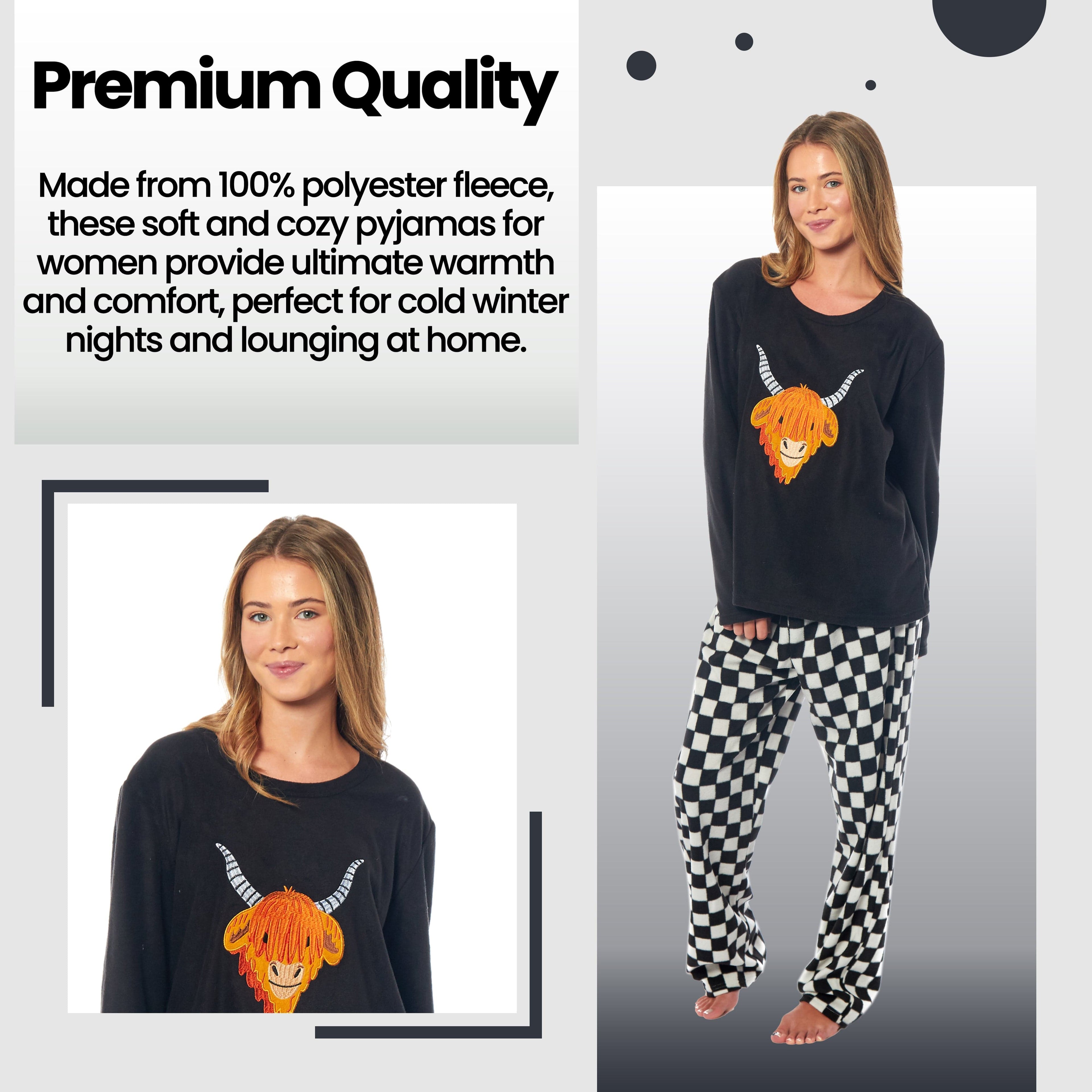 OLIVIA ROCCO Womens Thermal Fleece Pyjamas Set Highland Cow Animal Print Winter Super Soft Cosy Home Loungewear