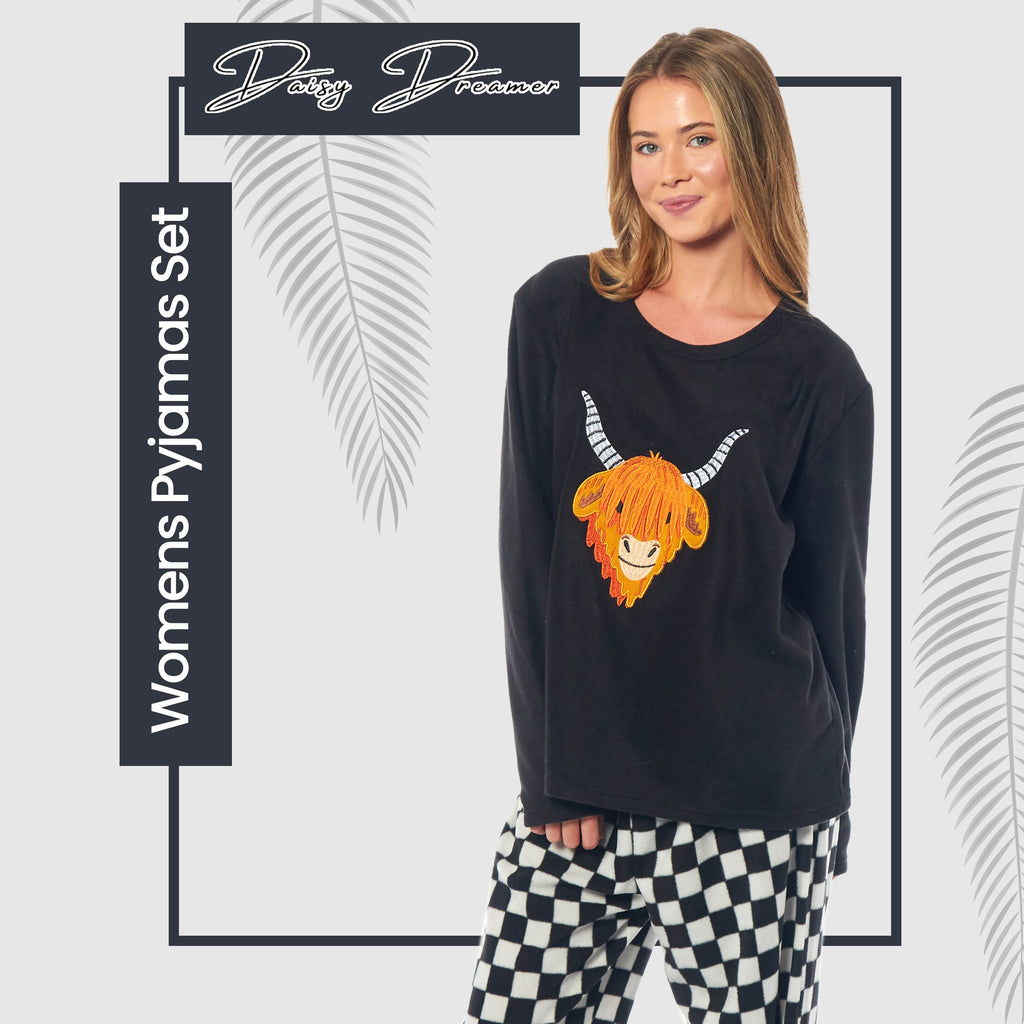 OLIVIA ROCCO Womens Thermal Fleece Pyjamas Set Highland Cow Animal Print Winter Super Soft Cosy Home Loungewear
