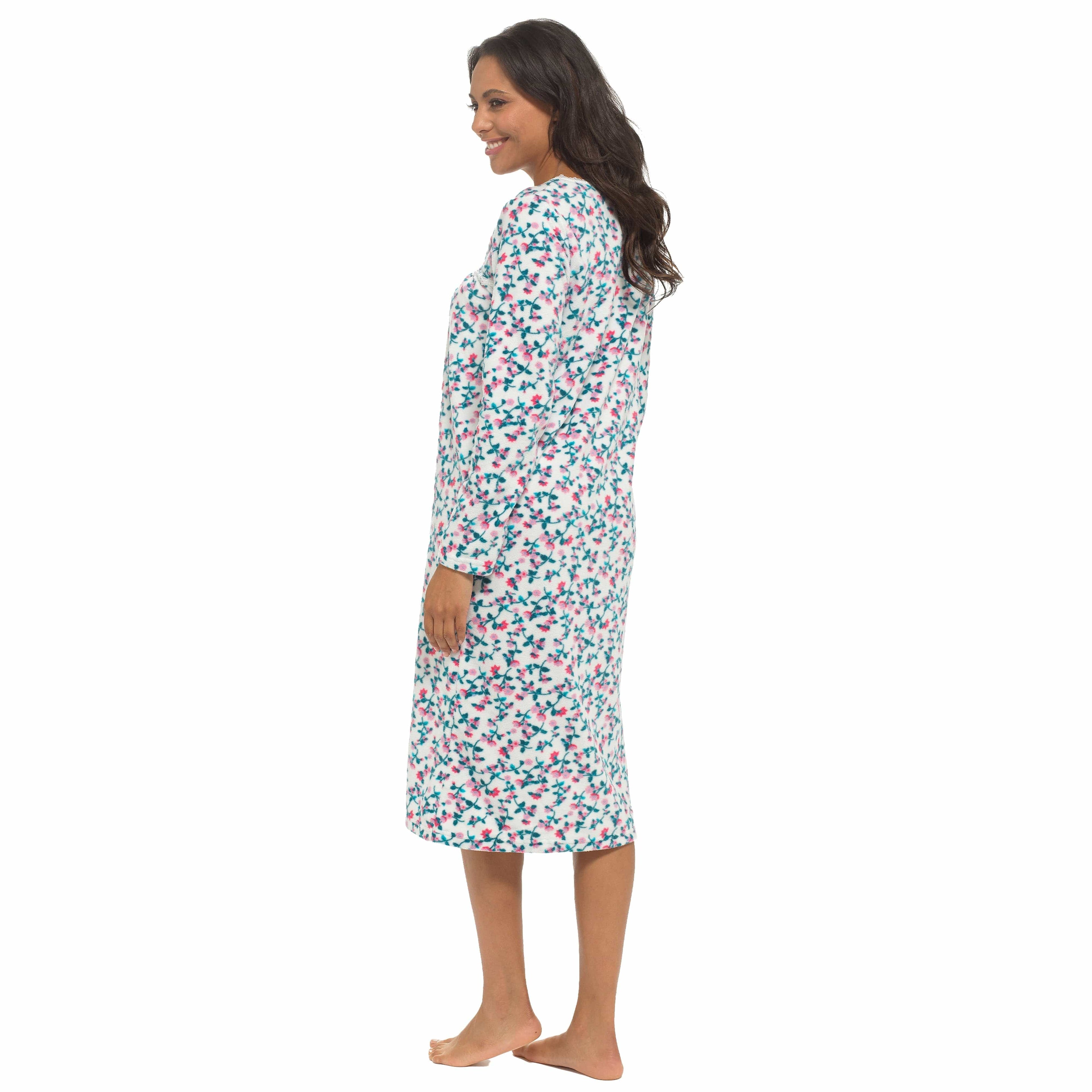 OLIVIA ROCCO Womens Fleece Nightdress Long Sleeve Floral Print Sleepwear Cosy Winter