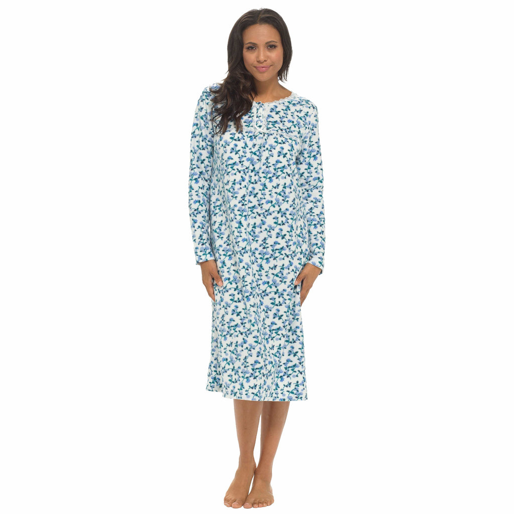OLIVIA ROCCO Womens Fleece Nightdress Long Sleeve Floral Print Sleepwear Cosy Winter