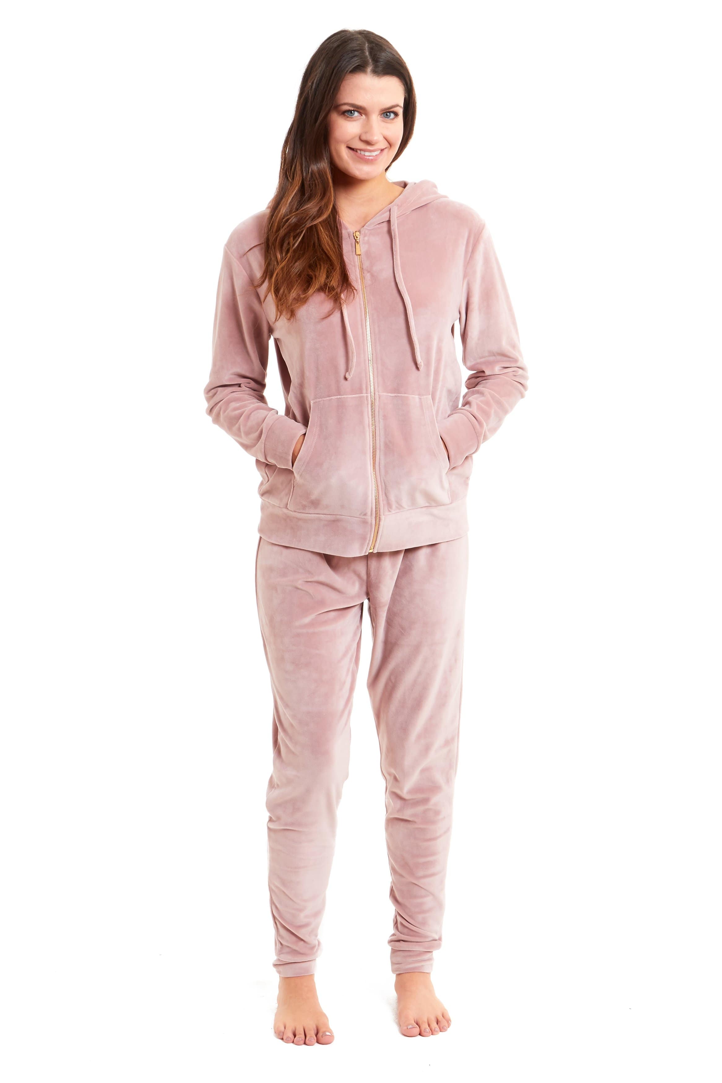 OLIVIA ROCCO Womens Hooded Velour Lounge Set With Zipped Top And Elasticated Waistband
