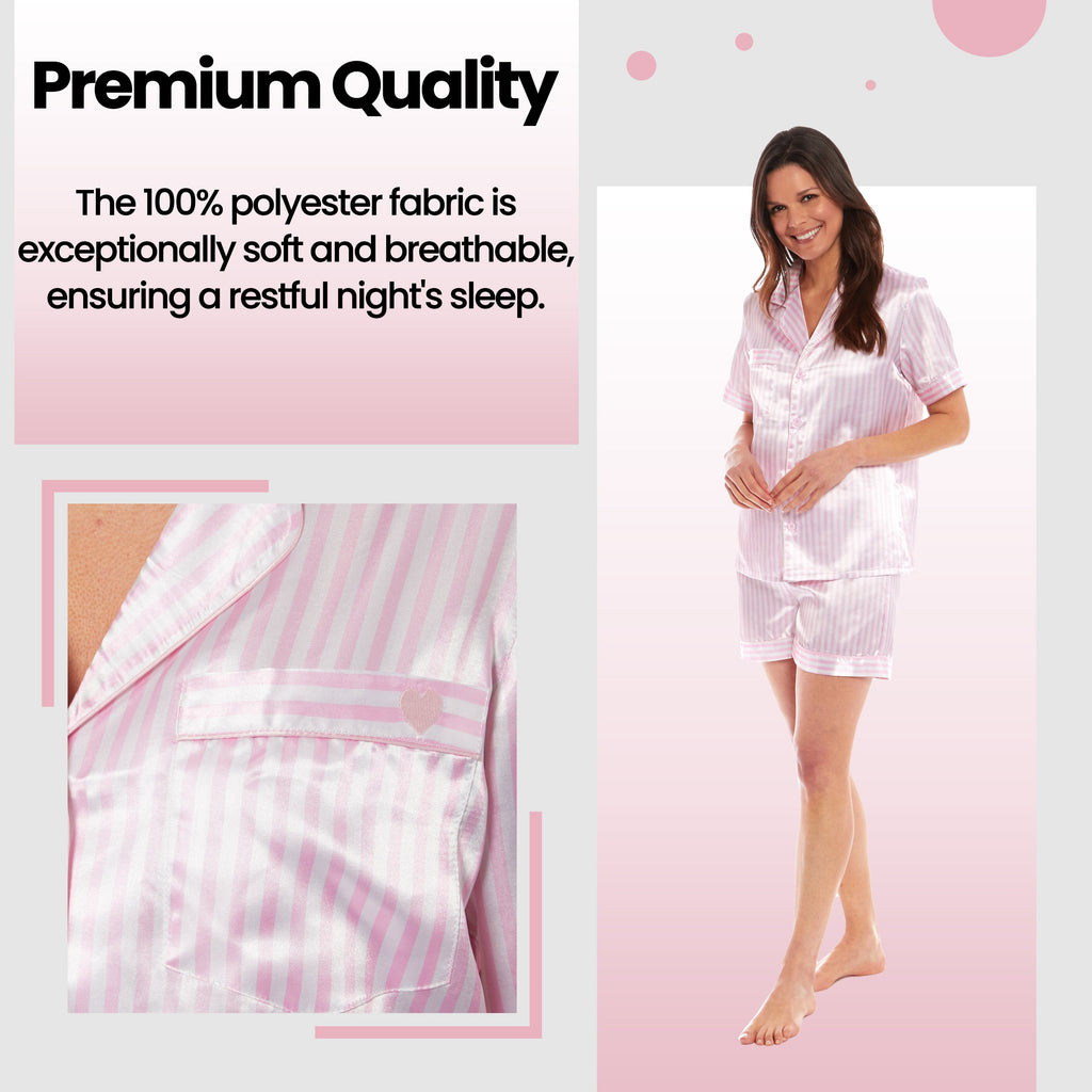 OLIVIA ROCCO Satin Silk Short Pyjama Set For Women Black Pink Grey UK 8-22 Loungewear