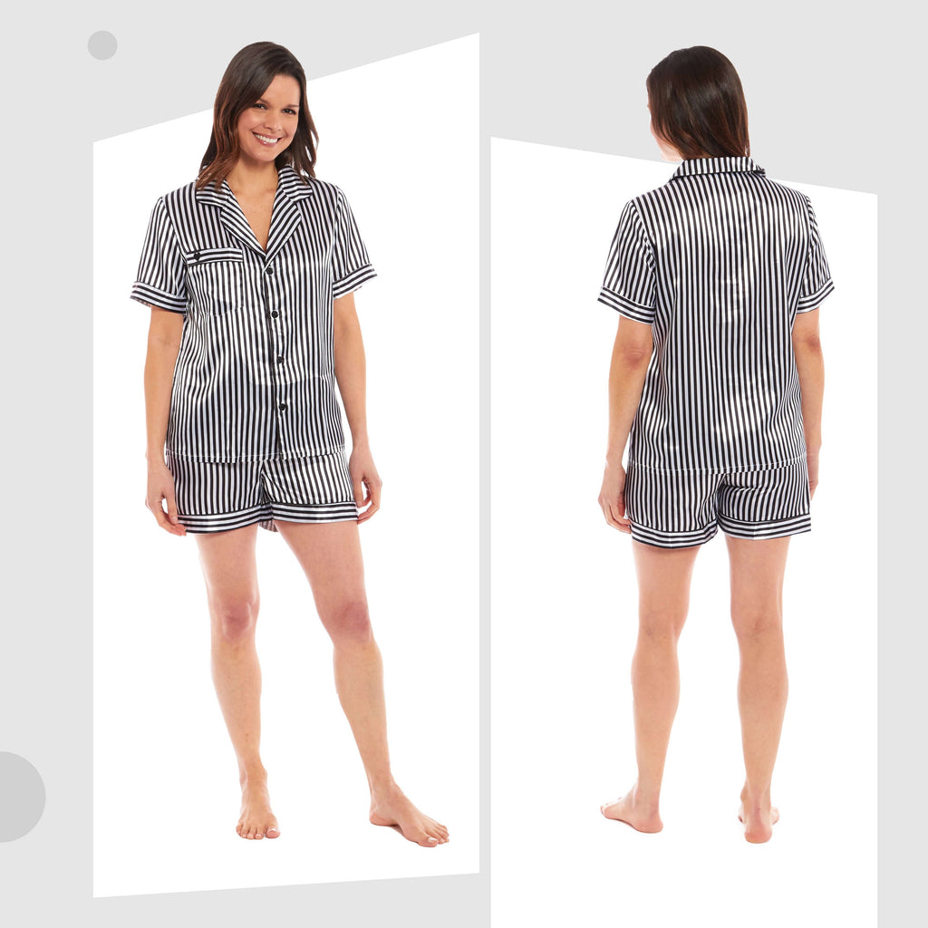 OLIVIA ROCCO Satin Silk Short Pyjama Set For Women Black Pink Grey UK 8-22 Loungewear