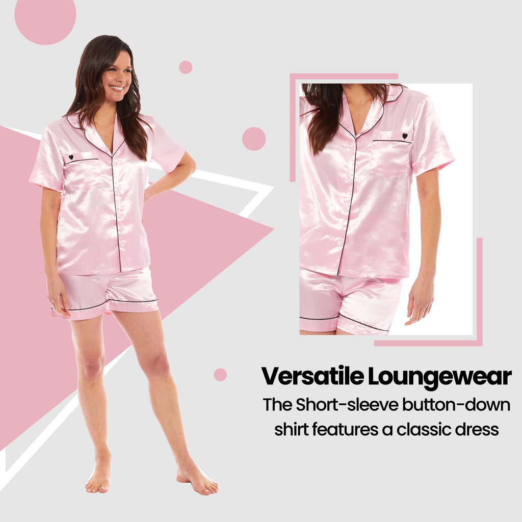 OLIVIA ROCCO Satin Silk Short Pyjama Set For Women Black Pink Grey UK 8-22 Loungewear