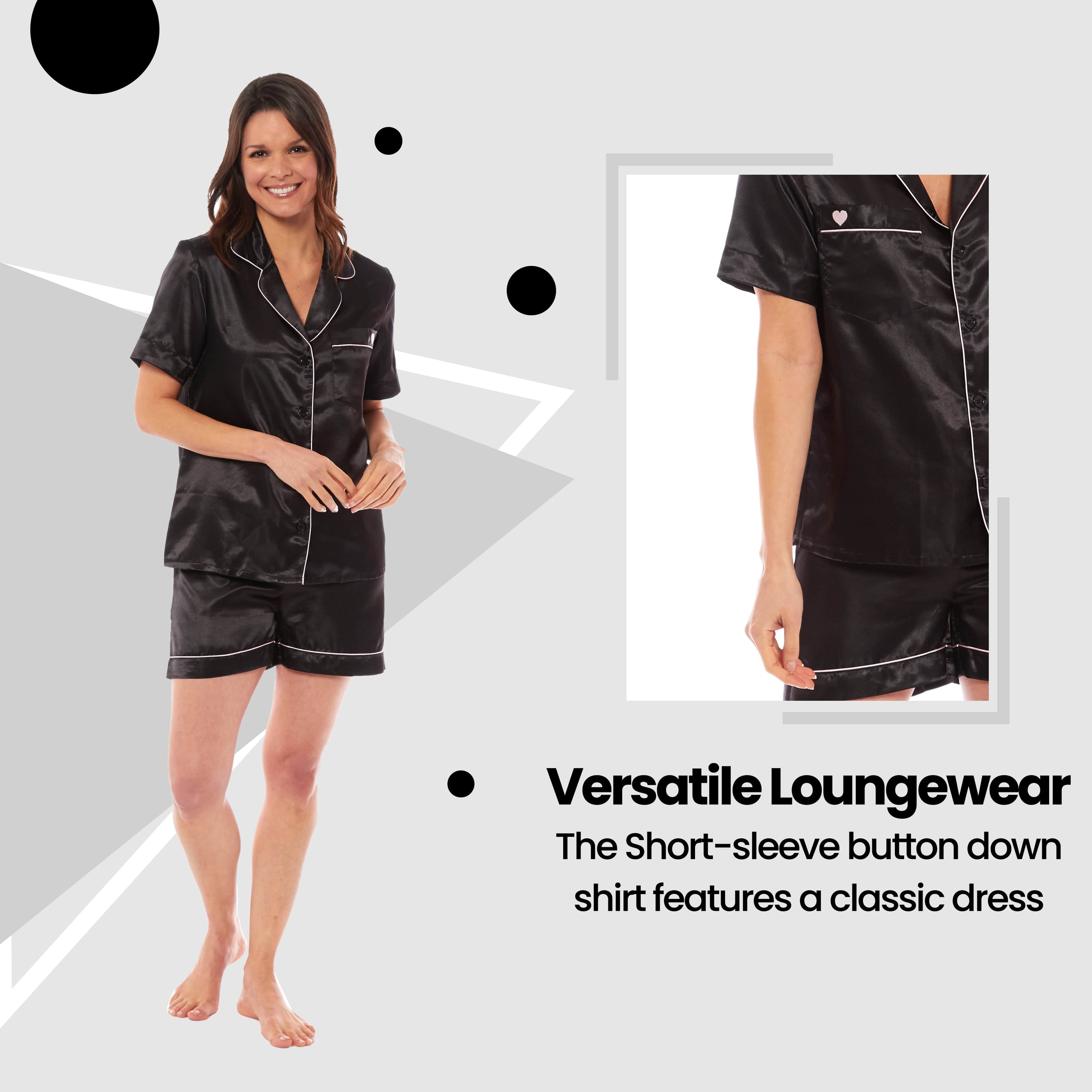 OLIVIA ROCCO Satin Silk Short Pyjama Set For Women Black Pink Grey UK 8-22 Loungewear