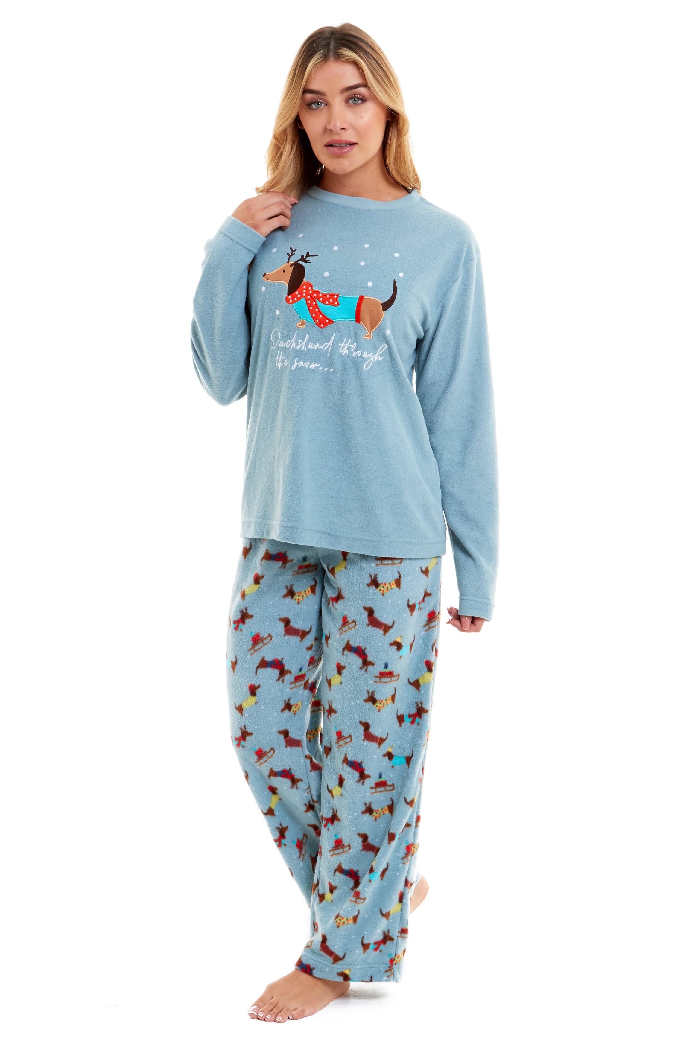 OLIVIA ROCCO Women's Dachshund Polar Fleece Pyjama Set Cosy Winter Sleepwear Cosy Easy-Care Nightwear Set