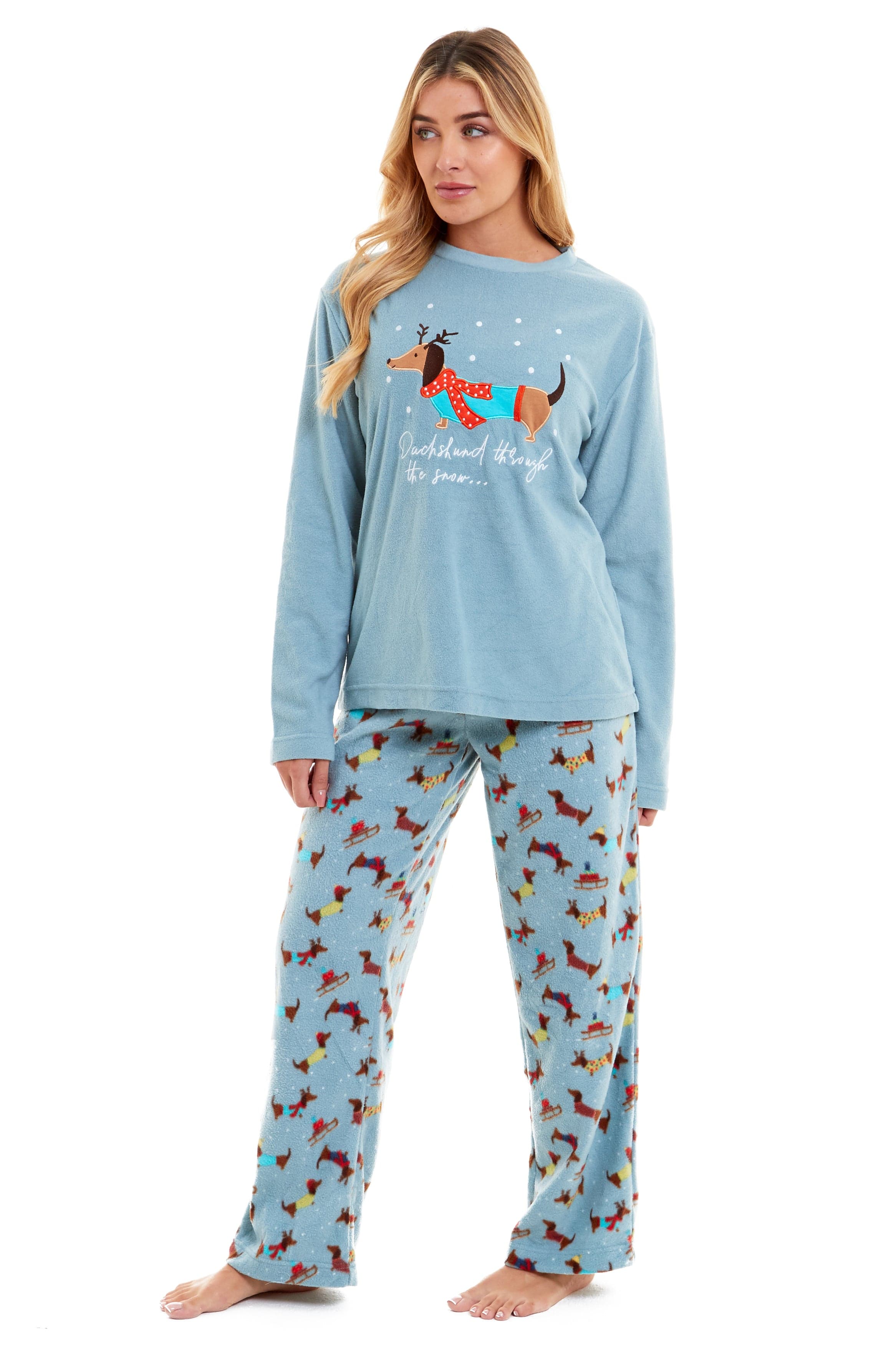 OLIVIA ROCCO Women's Dachshund Polar Fleece Pyjama Set Cosy Winter Sleepwear Cosy Easy-Care Nightwear Set