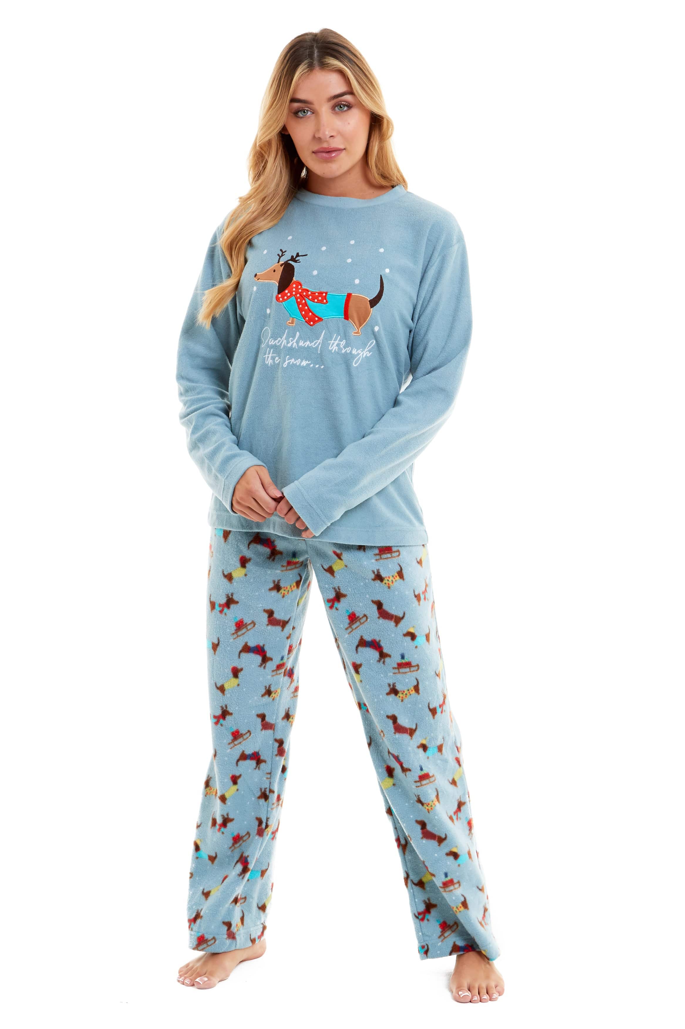 OLIVIA ROCCO Women's Dachshund Polar Fleece Pyjama Set Cosy Winter Sleepwear Cosy Easy-Care Nightwear Set