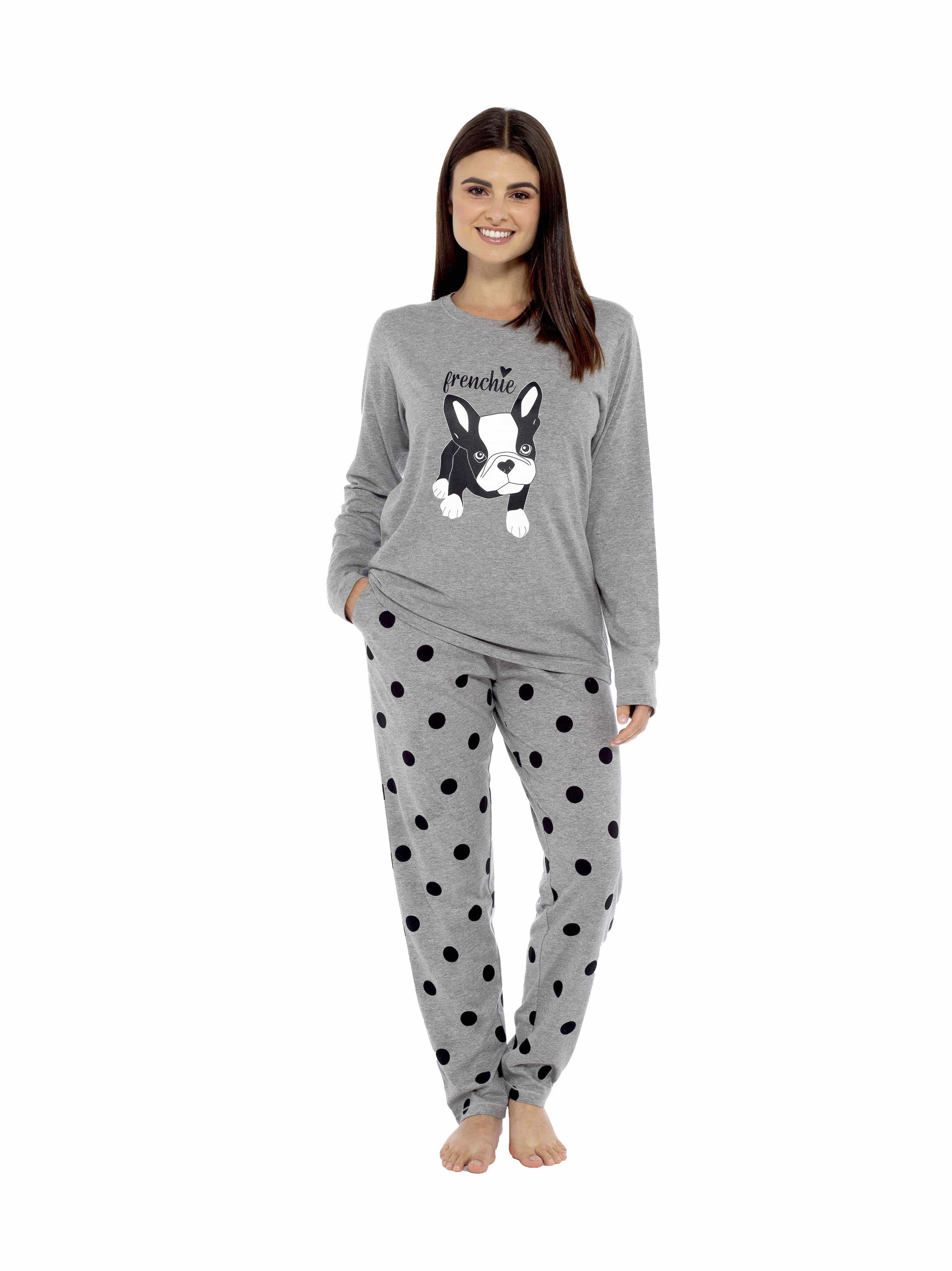OLIVIA ROCCO Women's Grey Cotton Pyjama Set With Polka Dot Pants And Frenchie Pugs Print