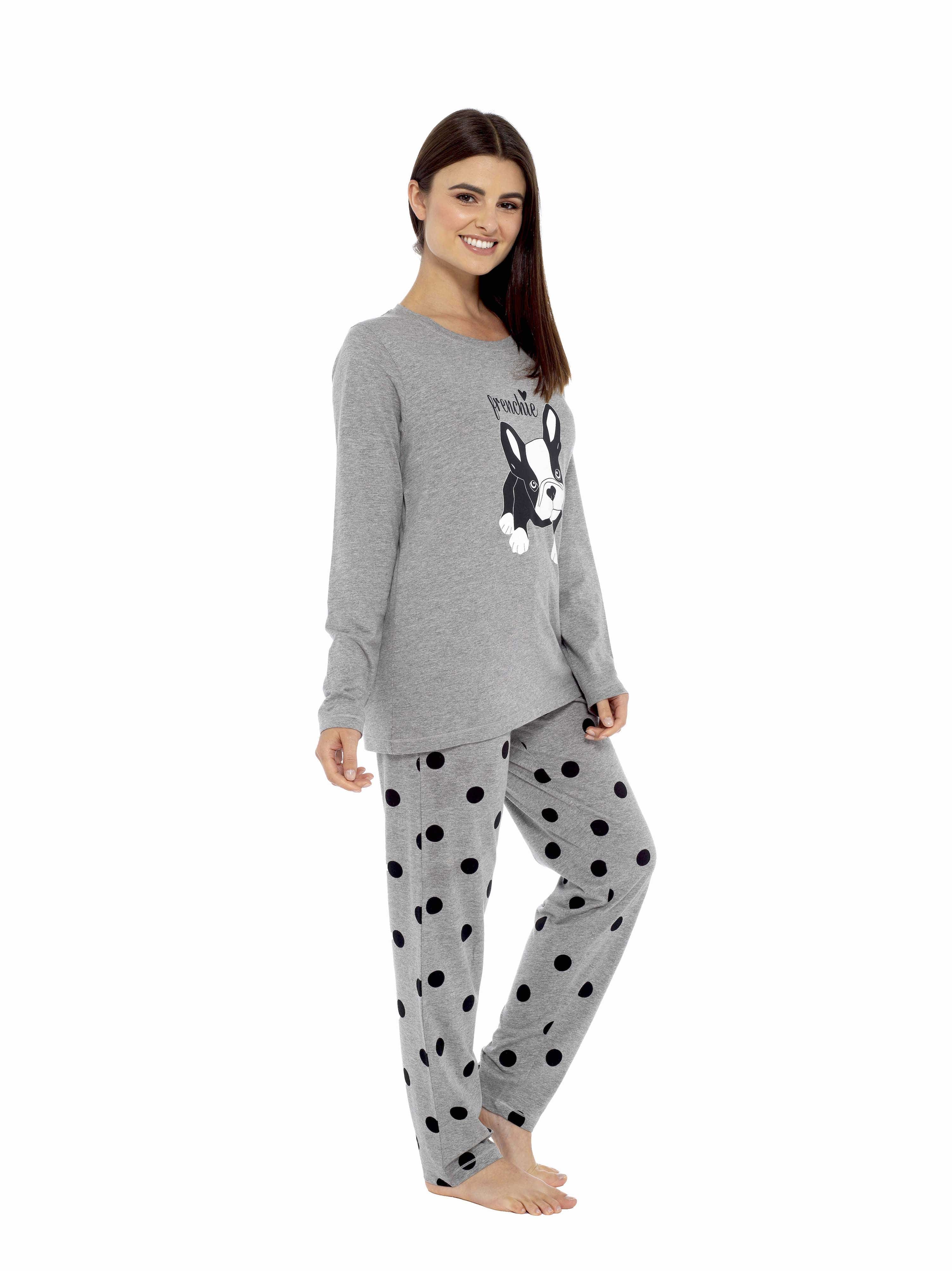 OLIVIA ROCCO Women's Grey Cotton Pyjama Set With Polka Dot Pants And Frenchie Pugs Print