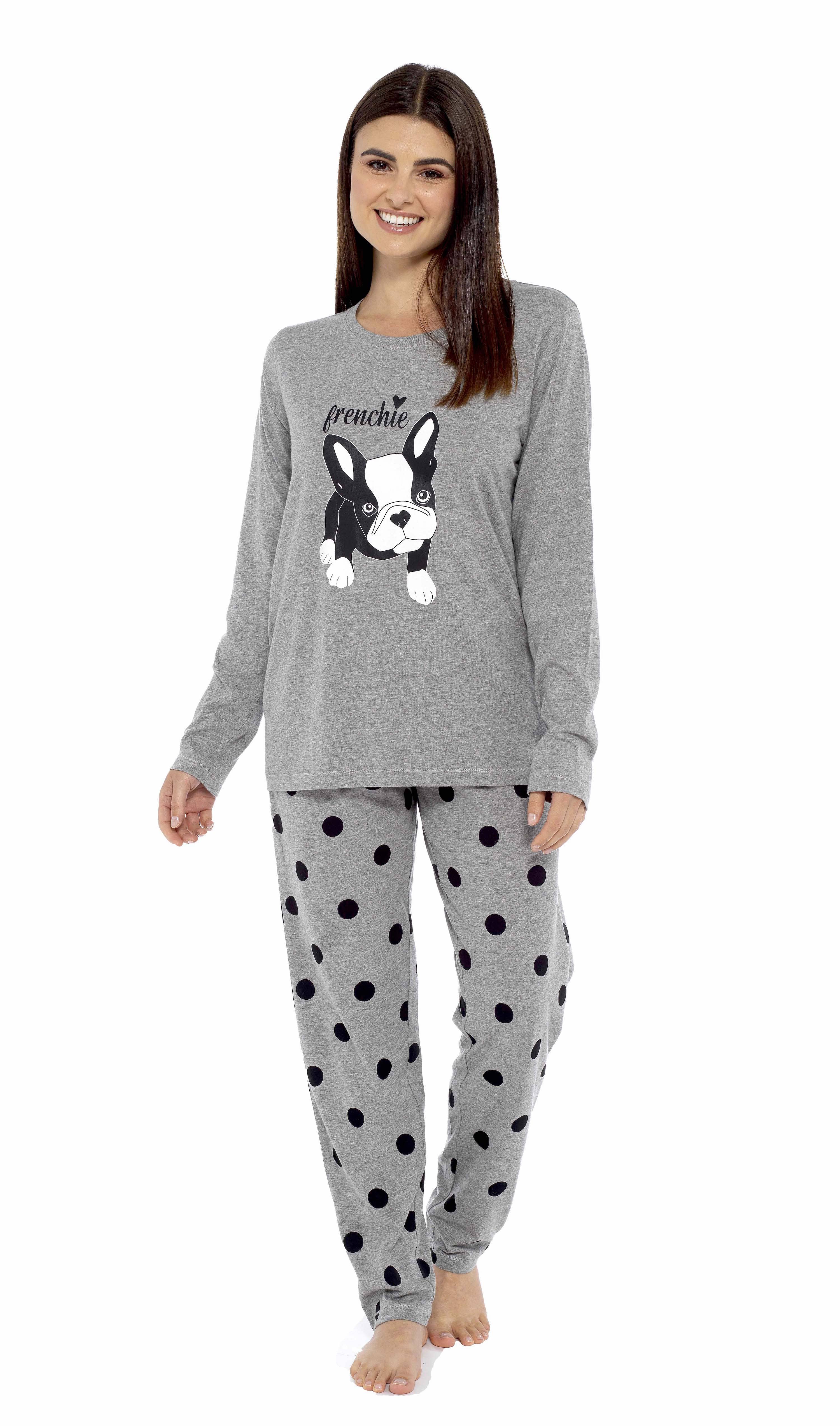 OLIVIA ROCCO Women's Grey Cotton Pyjama Set With Polka Dot Pants And Frenchie Pugs Print