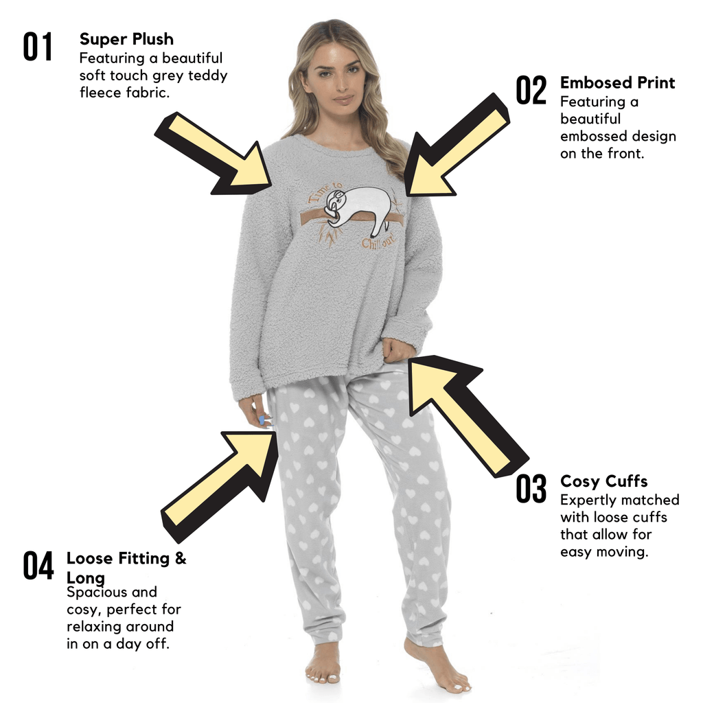 OLIVIA ROCCO Women's Sloth Teddy Fleece Pyjama Set Plush Nightwear Soft Cosy Loungewear