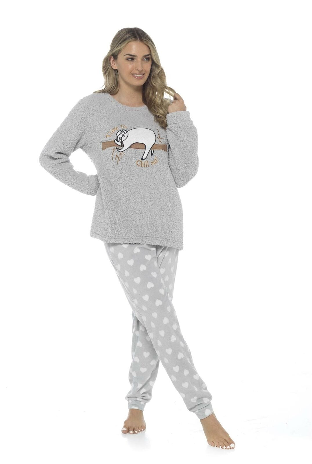 OLIVIA ROCCO Women's Sloth Teddy Fleece Pyjama Set Plush Nightwear Soft Cosy Loungewear