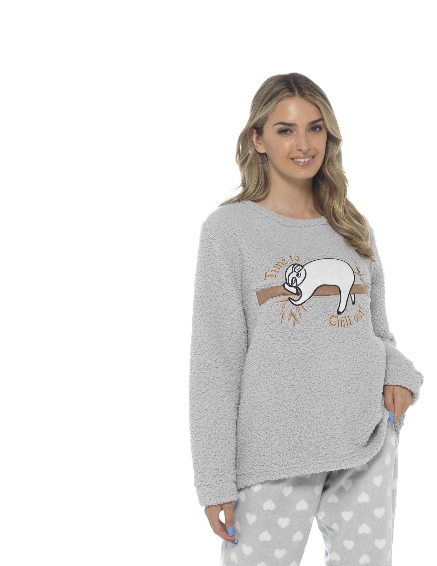 OLIVIA ROCCO Women's Sloth Teddy Fleece Pyjama Set Plush Nightwear Soft Cosy Loungewear