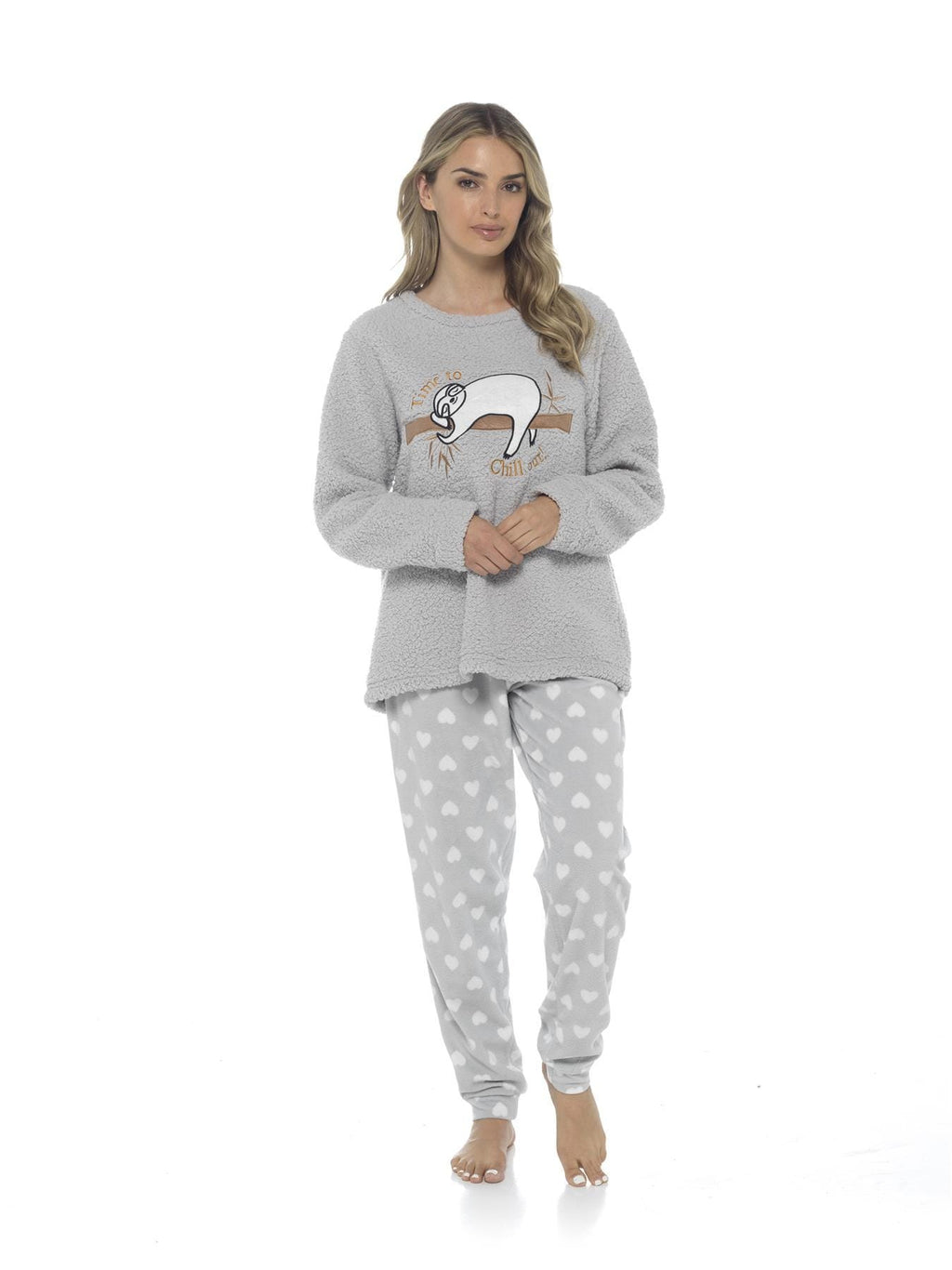 OLIVIA ROCCO Women's Sloth Teddy Fleece Pyjama Set Plush Nightwear Soft Cosy Loungewear