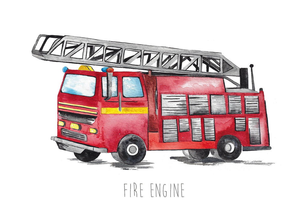 Personalised Watercolour Fire Engine Art Print – Kids Wall Art for Nursery or Bedroom, A3/A4 Sizes