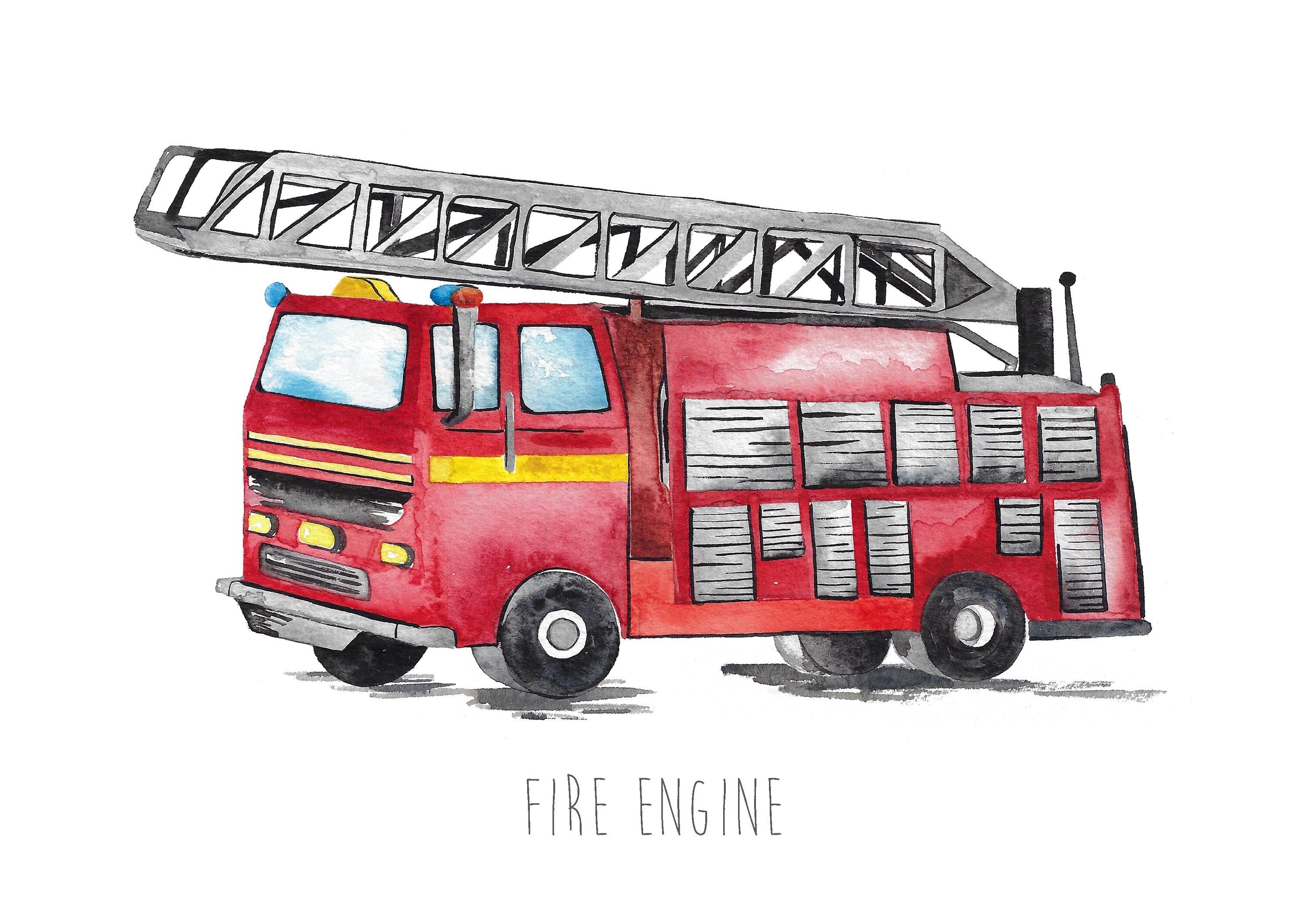 Personalised Watercolour Fire Engine Art Print – Kids Wall Art for Nursery or Bedroom, A3/A4 Sizes