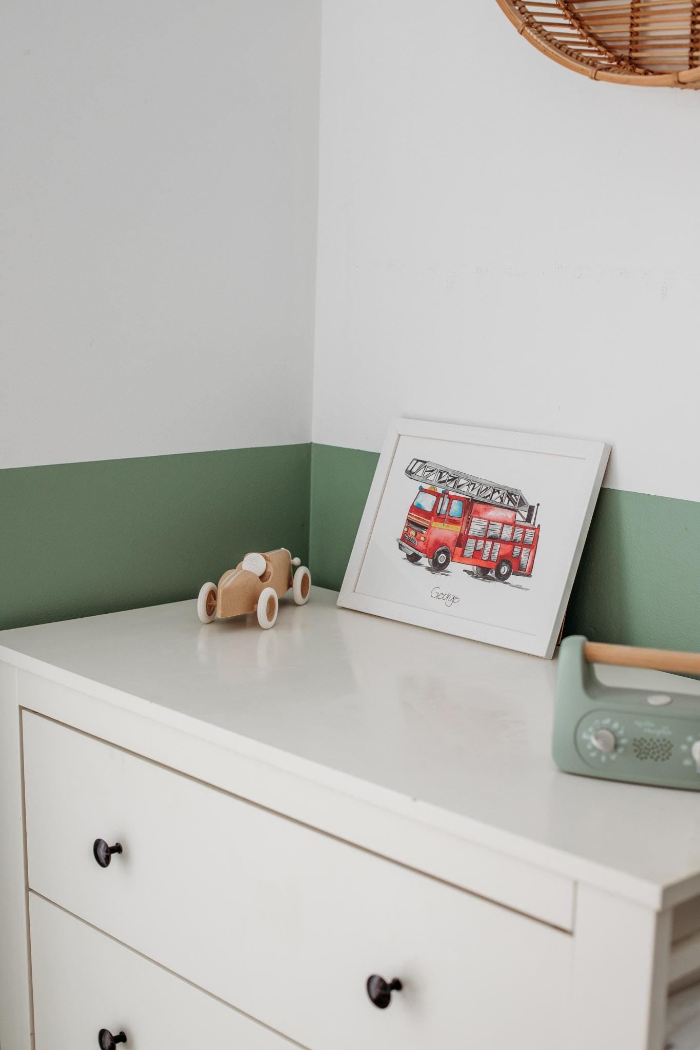 Personalised Watercolour Fire Engine Art Print – Kids Wall Art for Nursery or Bedroom, A3/A4 Sizes