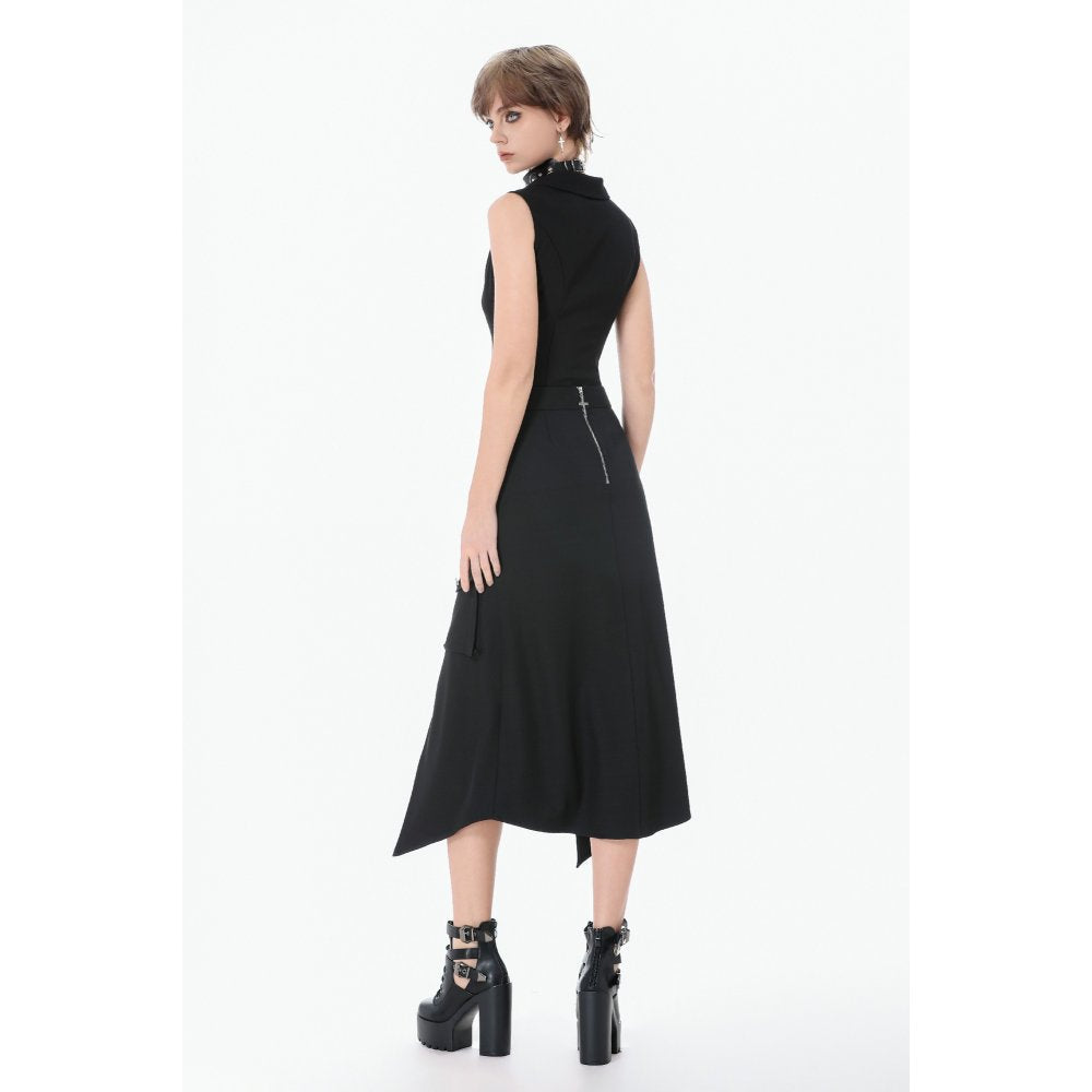 Dark in Love Punk Layered Pocket Cutout Belted Long Skirt