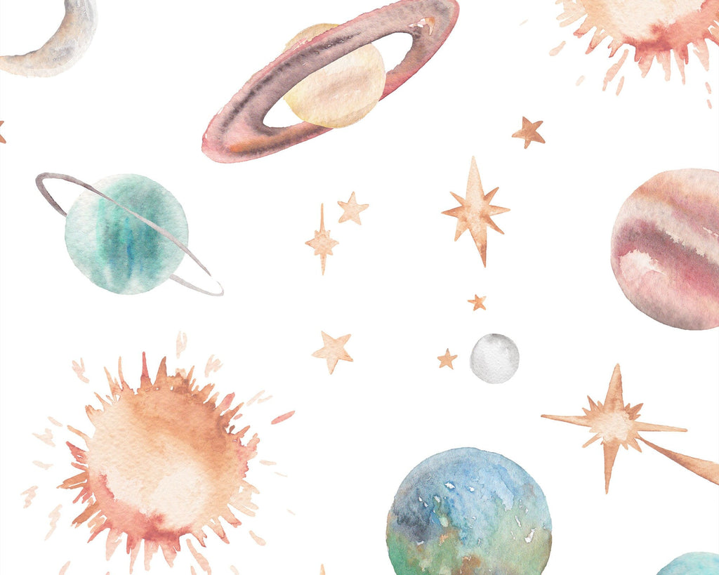 Watercolour Planet Wallpaper | Solar System, Stars & Rockets | Kids Bedroom