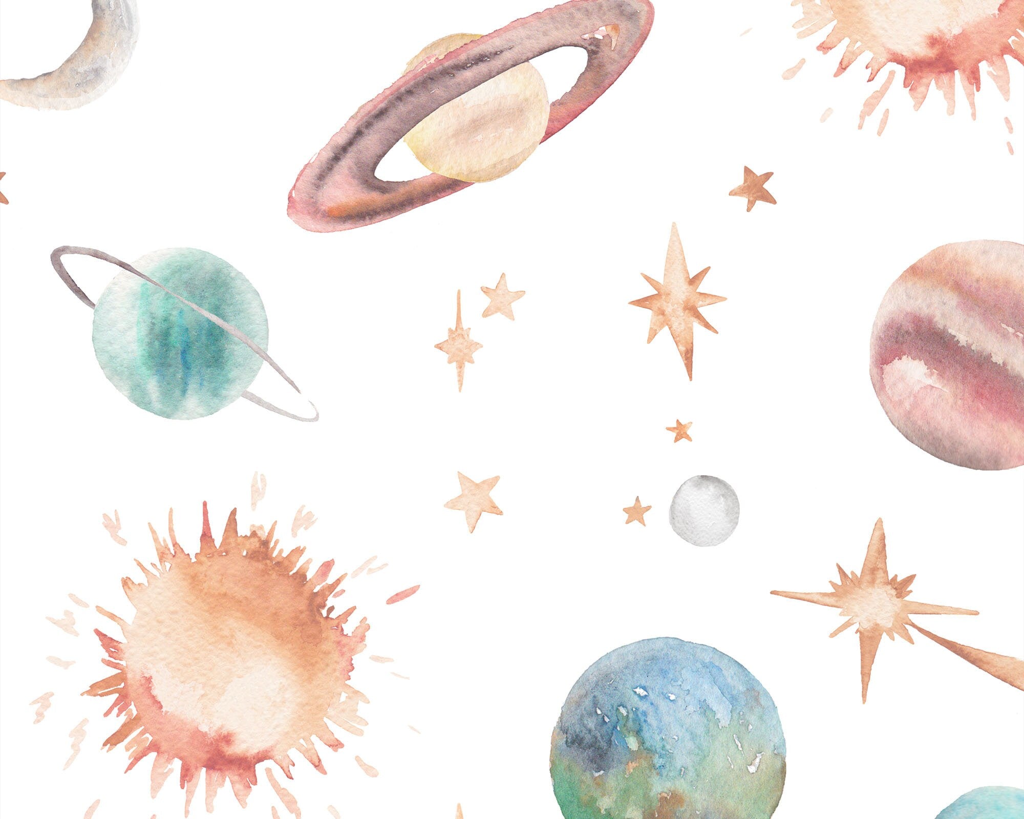 Watercolour Planet Wallpaper | Solar System, Stars & Rockets | Kids Bedroom