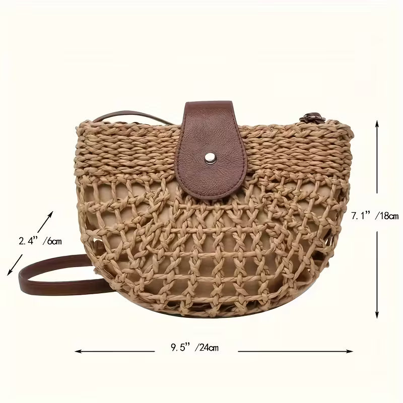 Natural Straw Half Moon Crossbody Bag Women's Raffia Beach Bag