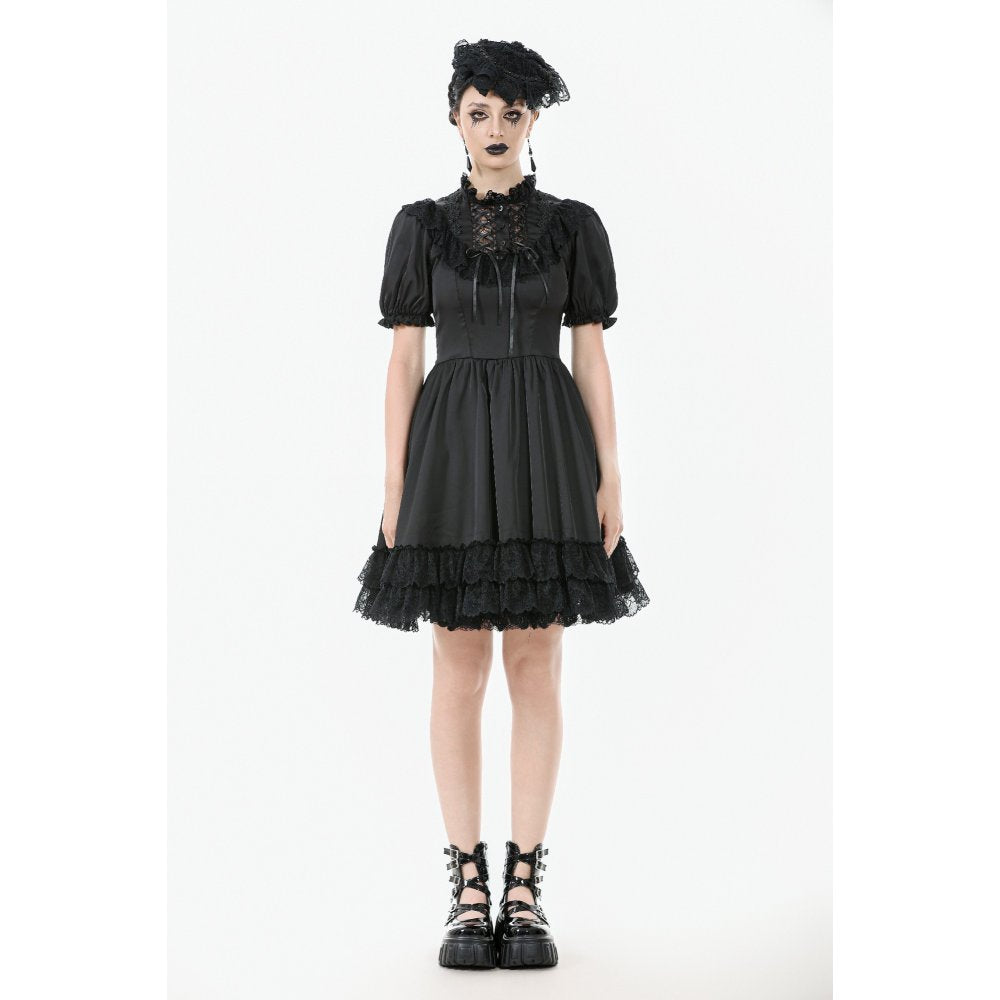 Dark in Love Belladonna Lace-Up High Collar Puff Sleeve Goth Dress  in Black