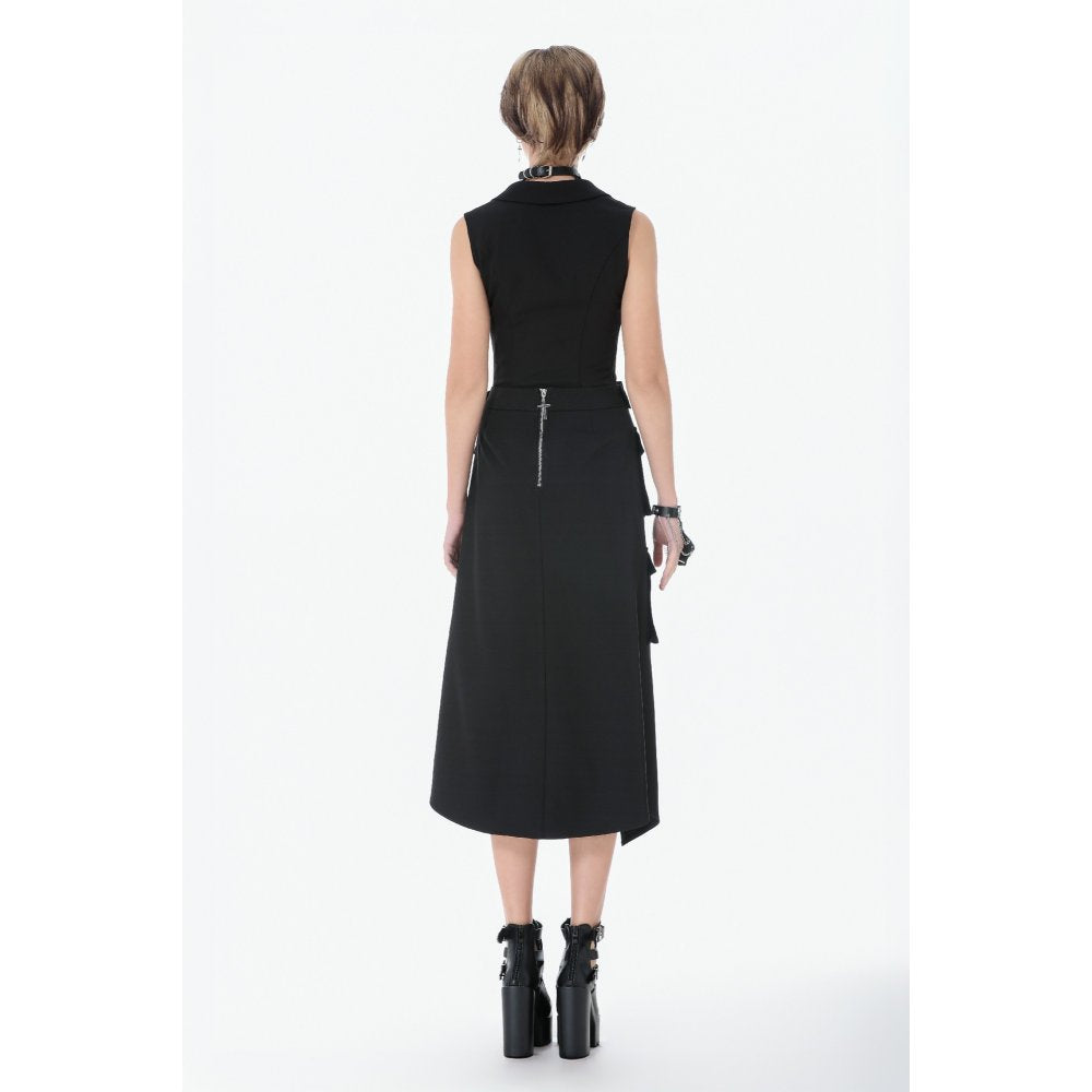 Dark in Love Punk Layered Pocket Cutout Belted Long Skirt