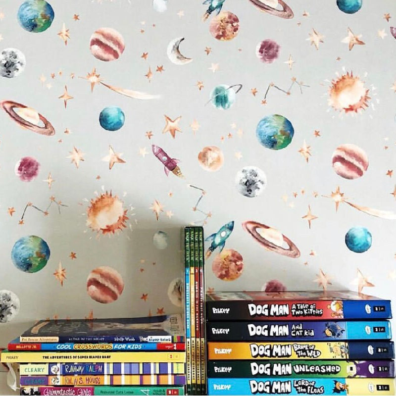 Watercolour Planet Wallpaper | Solar System, Stars & Rockets | Kids Bedroom