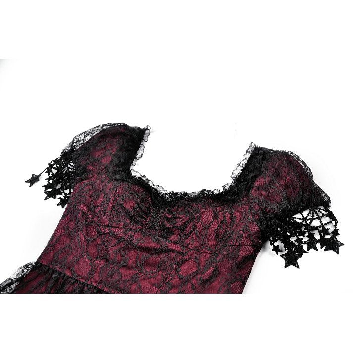 Dark in Love Burgundy & Black Lace Princess Dress with Stars Lace