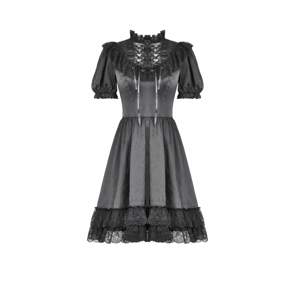 Dark in Love Belladonna Lace-Up High Collar Puff Sleeve Goth Dress  in Black