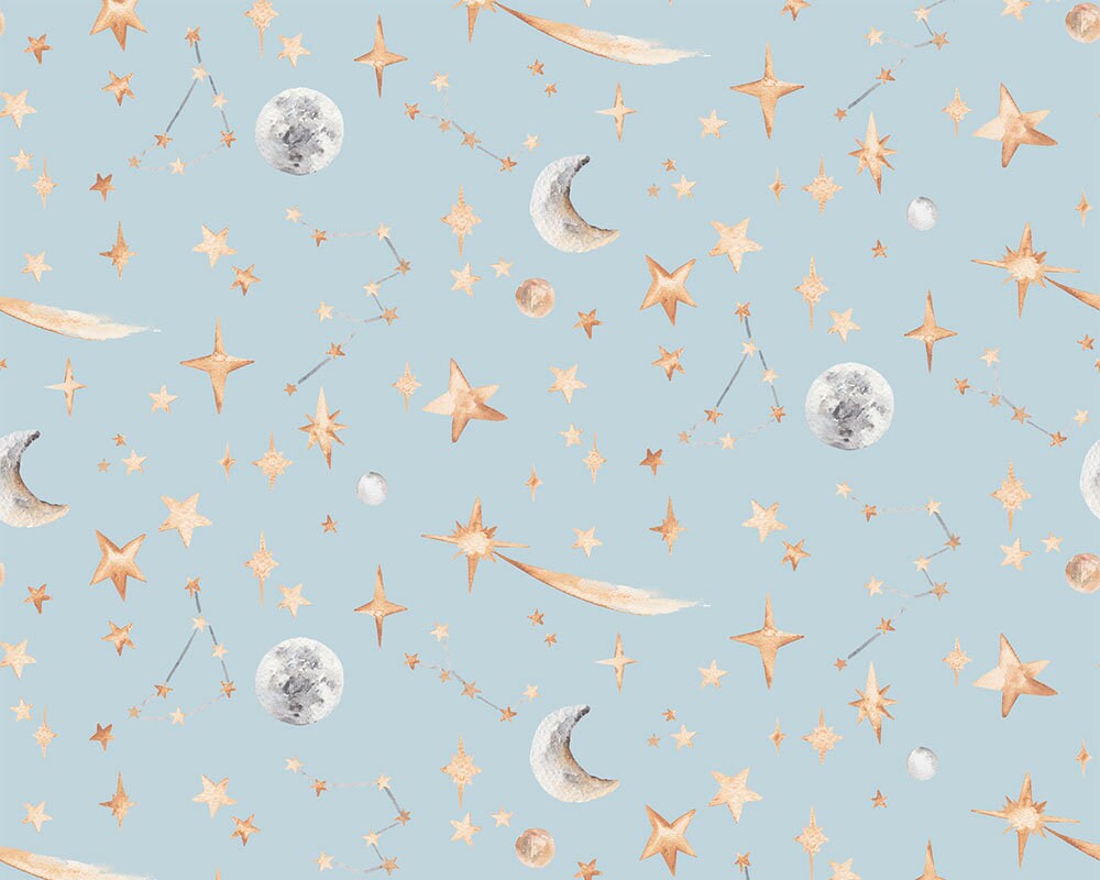 Watercolour Stars and Constellations Printed Cotton Curtain Fabric