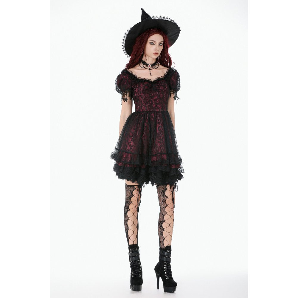 Dark in Love Burgundy & Black Lace Princess Dress with Stars Lace