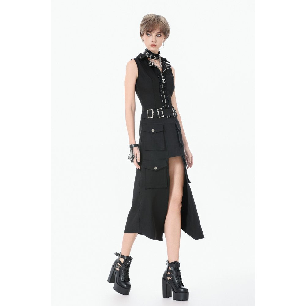 Dark in Love Punk Layered Pocket Cutout Belted Long Skirt