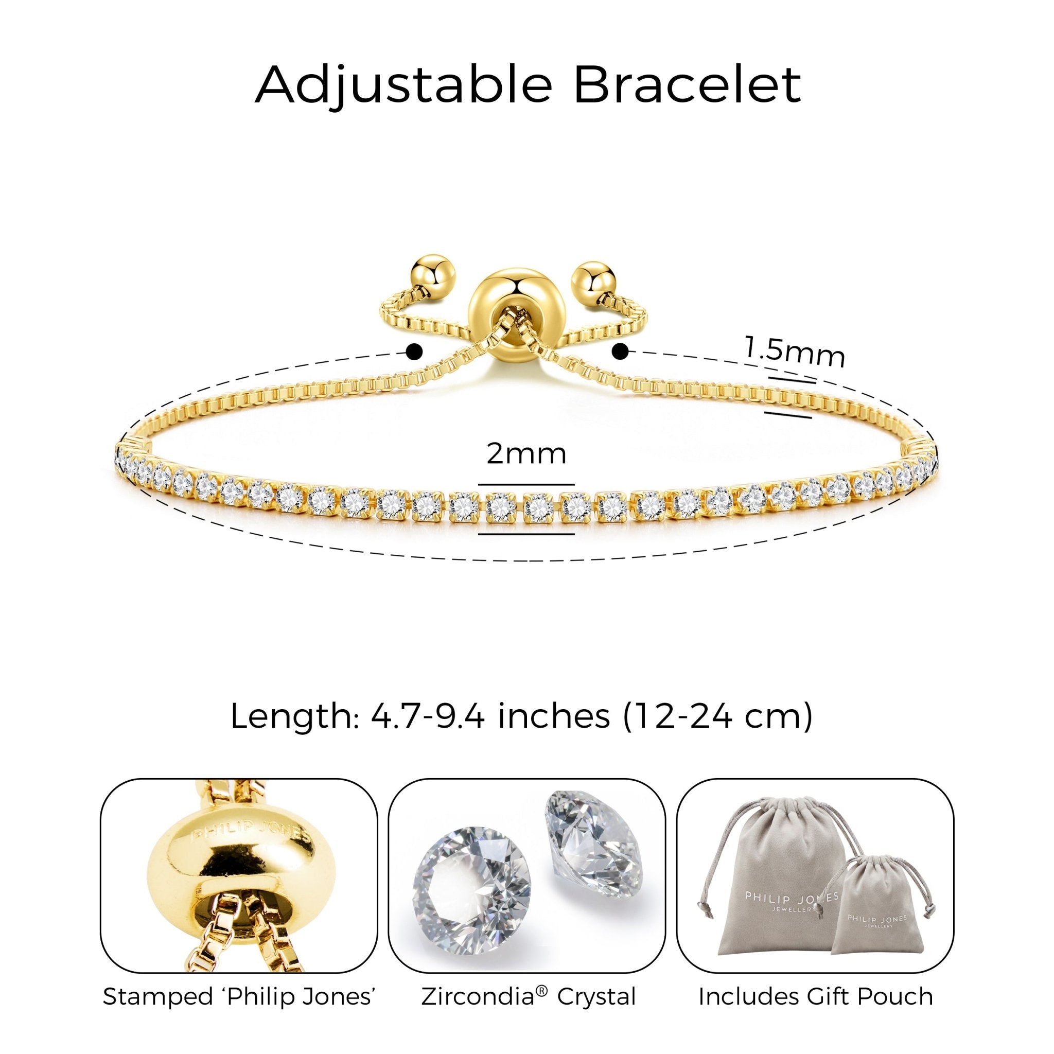 18k Gold Plated 2mm Adjustable Tennis Bracelet Created with Zircondia® Crystals